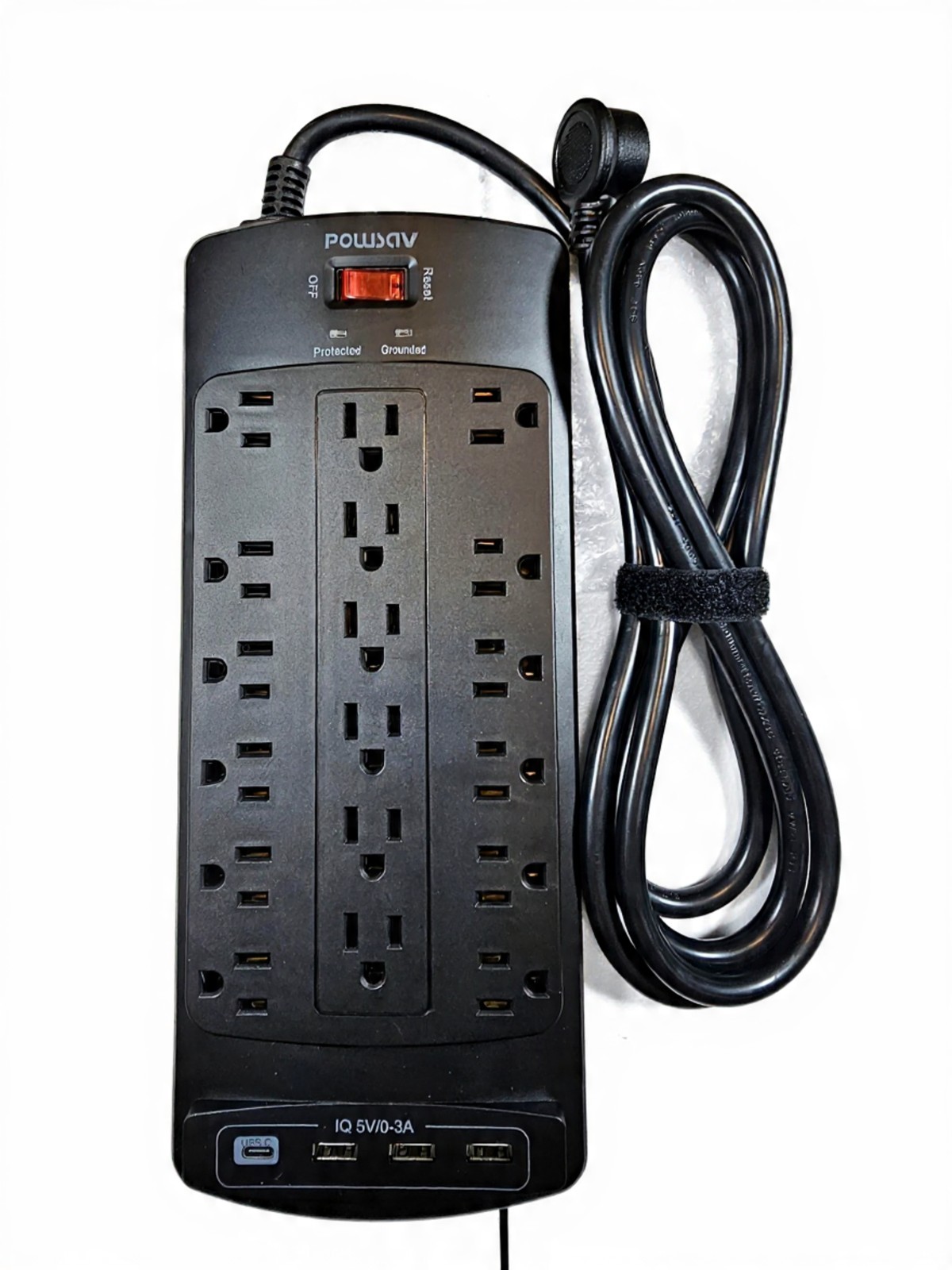 Powsav 18AC Outlets 3 USB + 1 Type C Port Power Strip 8ft Black (NBW-903)