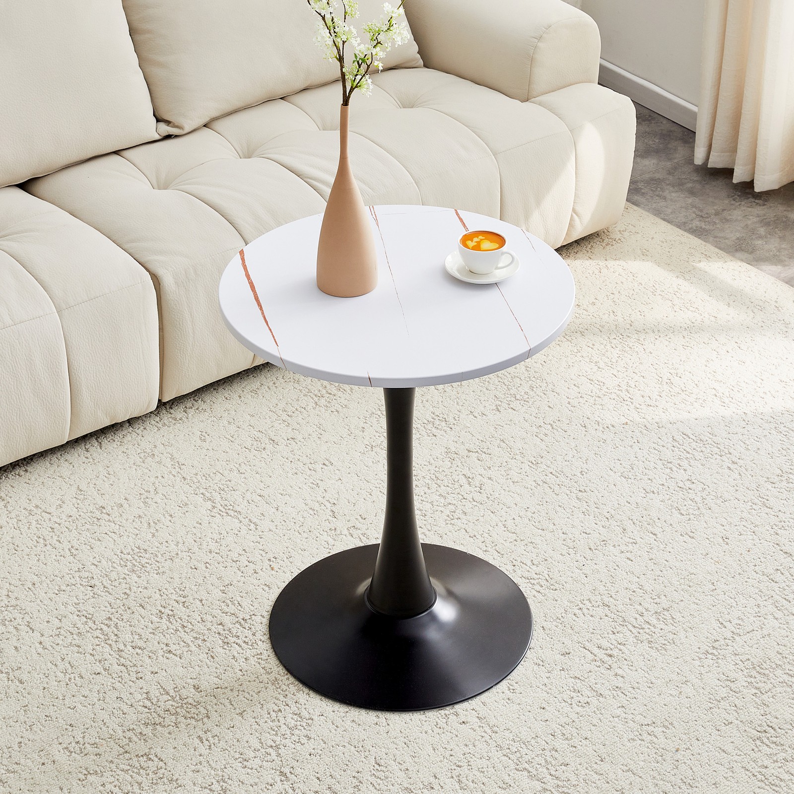 Round Dining Table, 23.6" Circle Tulip Table with Thickened Tabletop & Metal P
