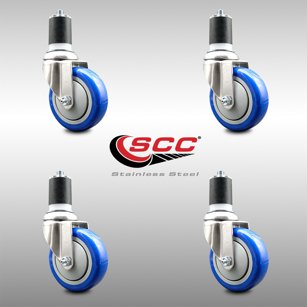 4 Inch 316SS Blue Polyurethane Swivel 1-7/8 Inch Expanding Stem Caster Set SCC