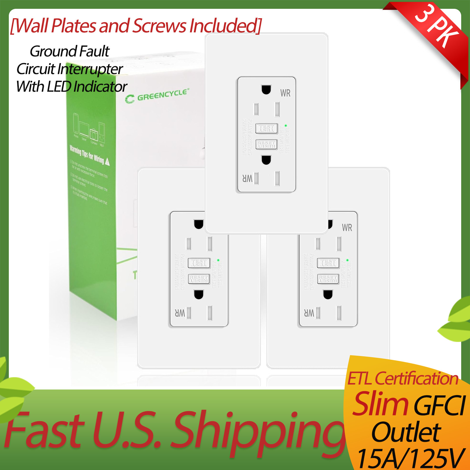 3Pack 15Amp/125V Slim Design White Weather Resistant GFCI Receptacles,with Plate