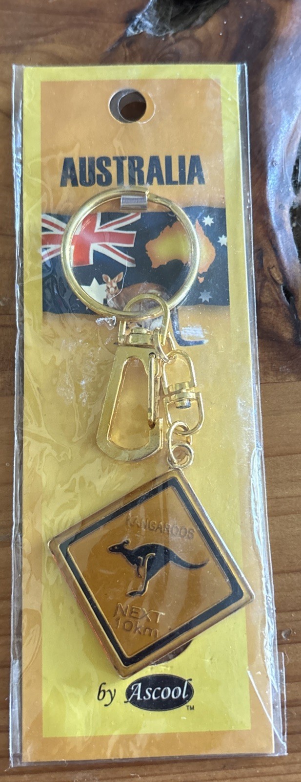 New Australian Souvenir Key Chain w/Clip Gold Plated~Kangaroo Sign: NEXT 10km