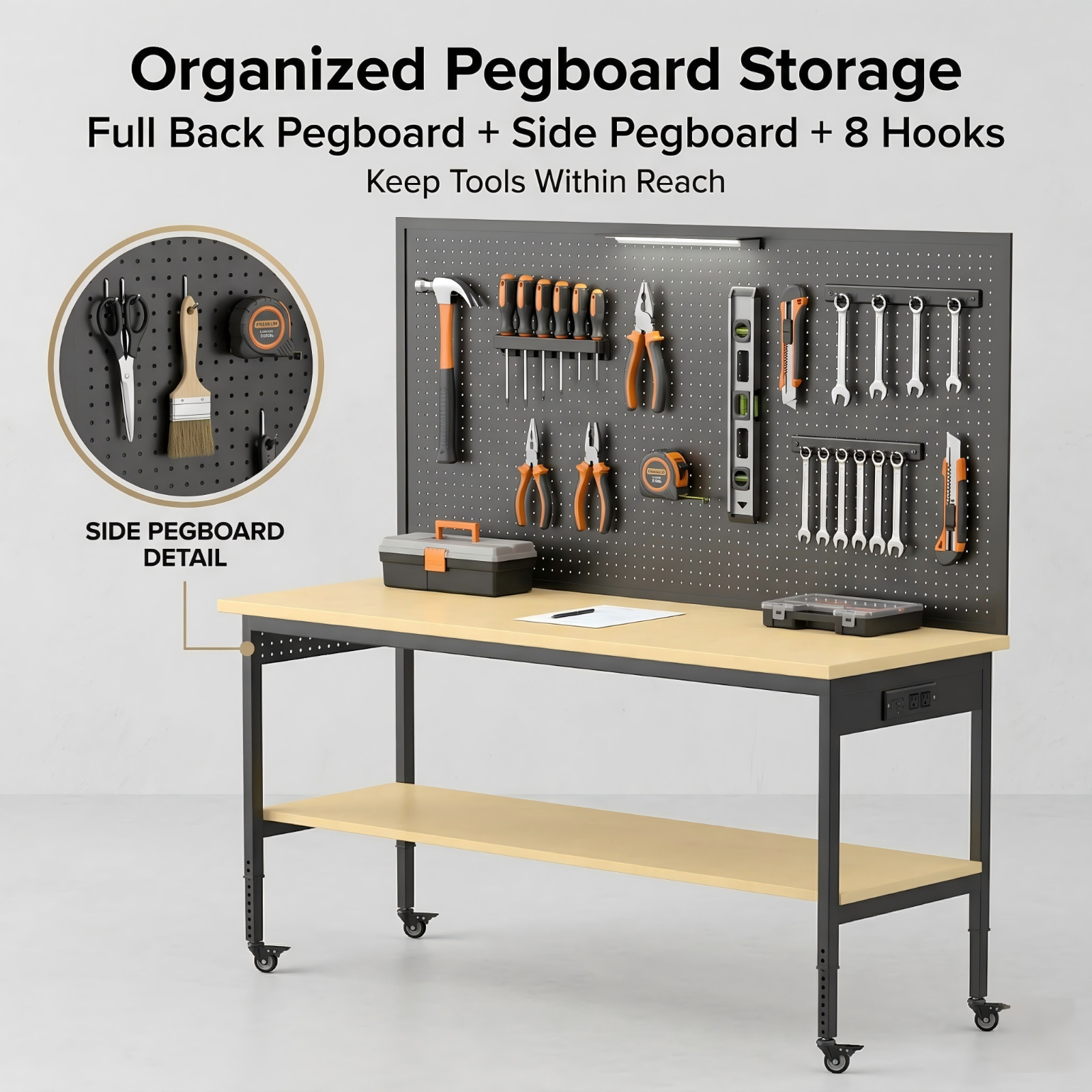 60" Garage Workbench 2000LBS w/ Pegboard LED Light Adjustable Rolling Table