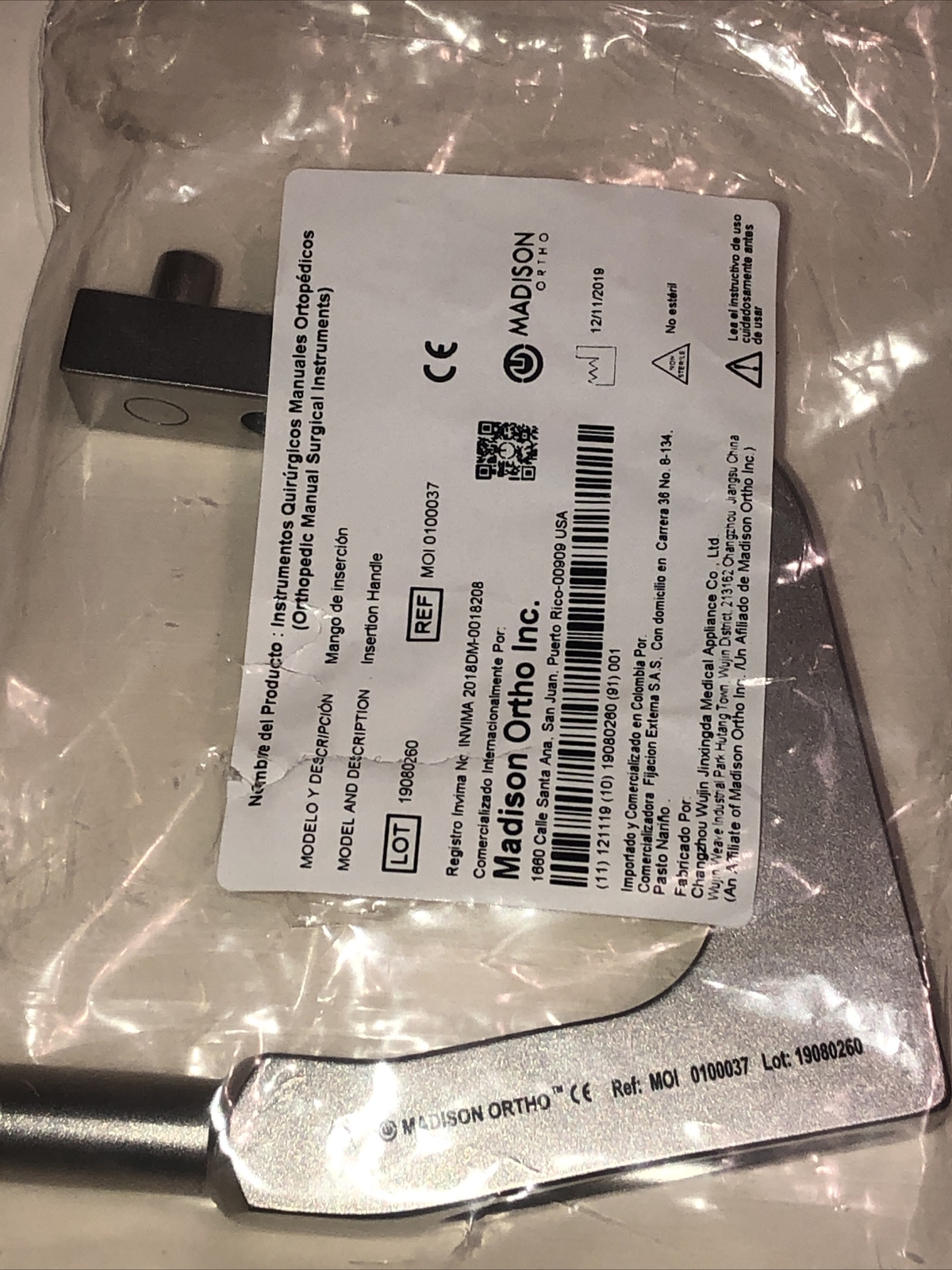 MADISON ORTHO Insertion handle REF:MOI 0100037 lot:19080260
