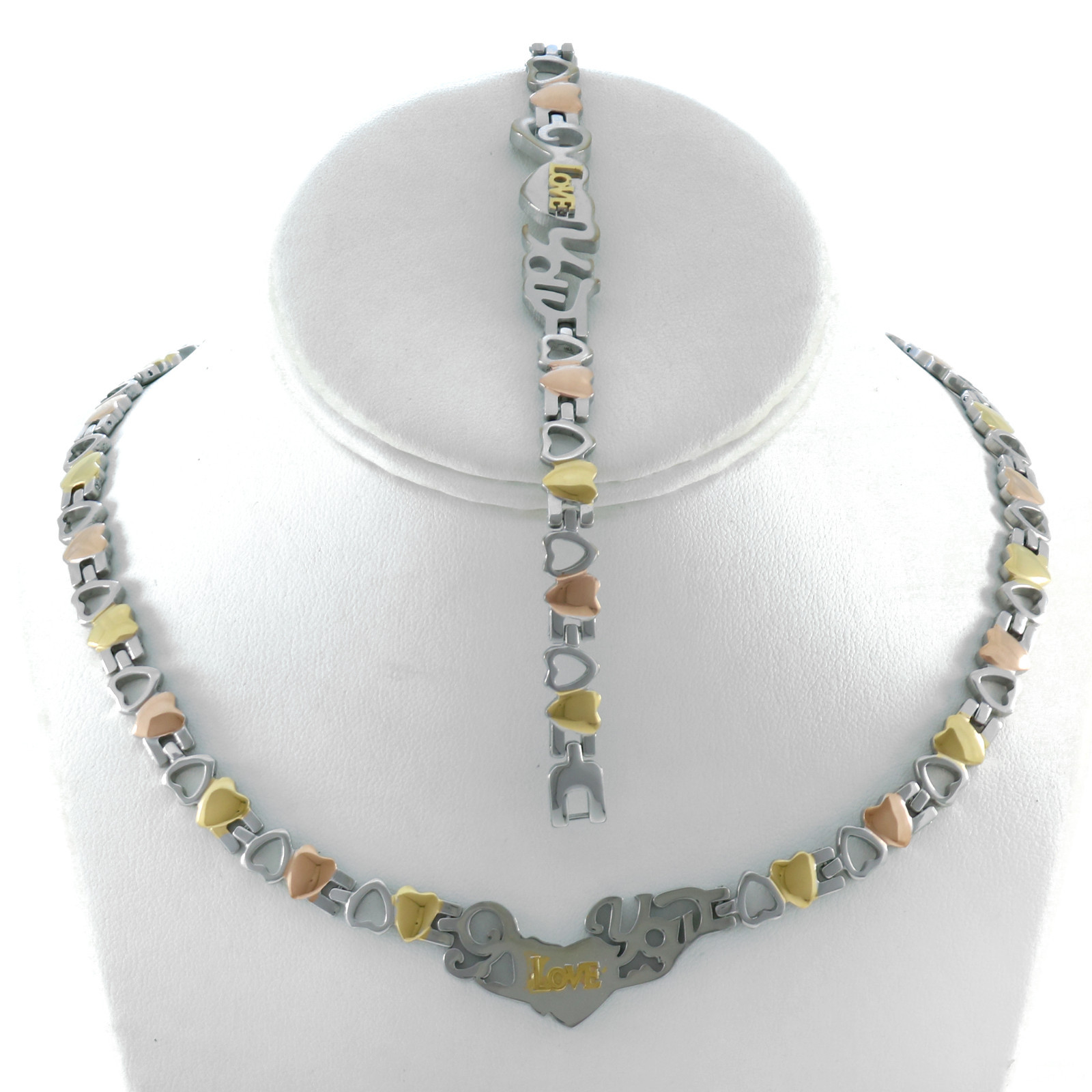 STAINLESS STEEL I LOVE YOU 3 TONE HEART NECKLACE BRACELET SET XO STAMPATO 18"