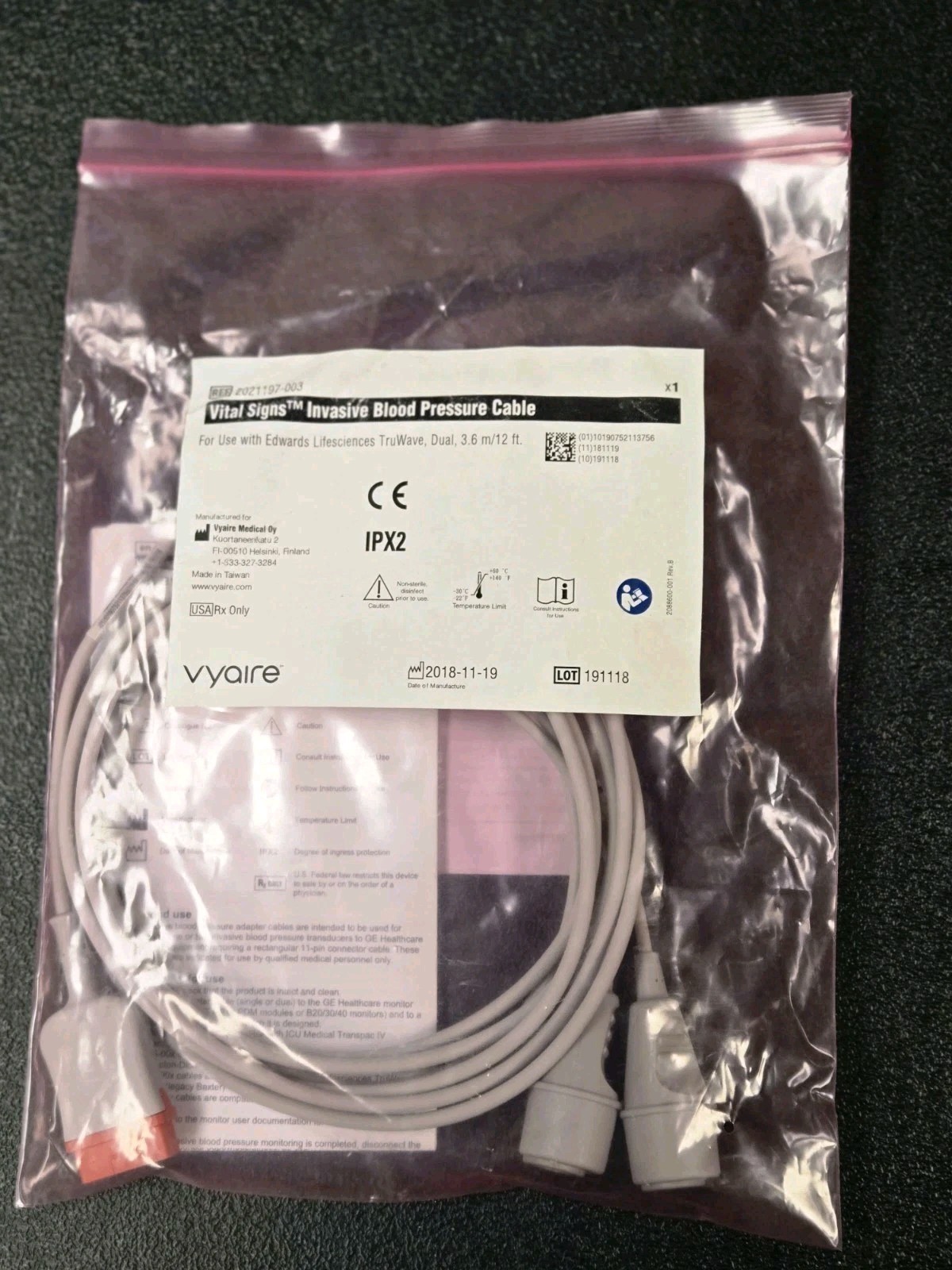 Vyaire Vital Signs Blood Pressure Cable, REF 2021197-001, 12ft - NEW