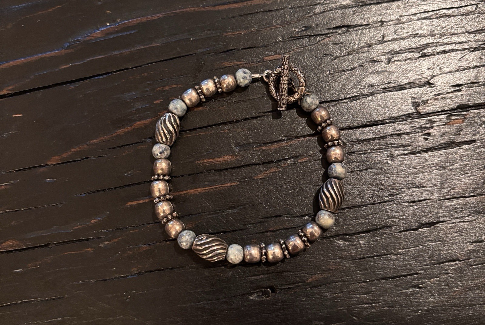 Blue Sodalite, Kyanite, Or Aventurine Bracelet With Silver Etched Beads