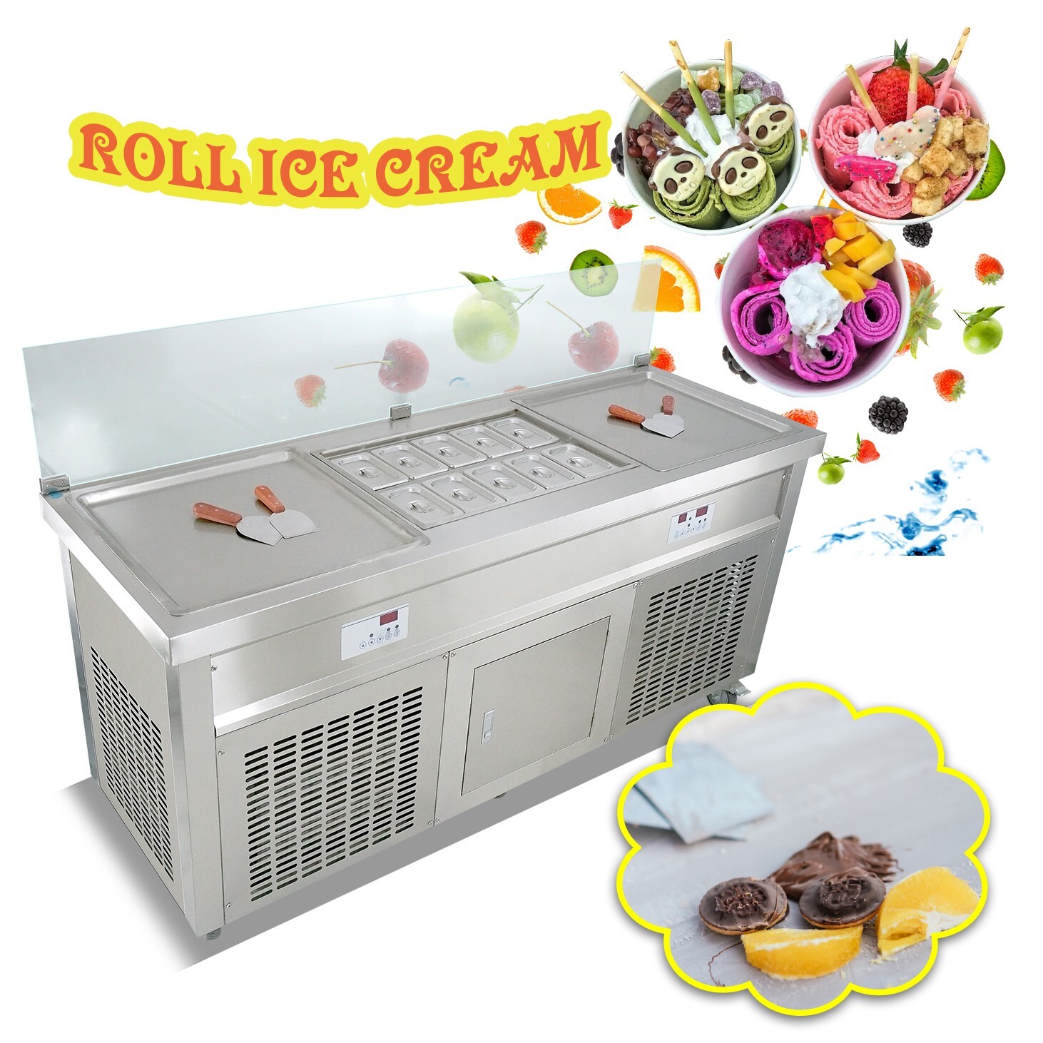 Kolice Roll Ice Cream Machine Double Square Pans with 10pcs Refrigerated Tanks