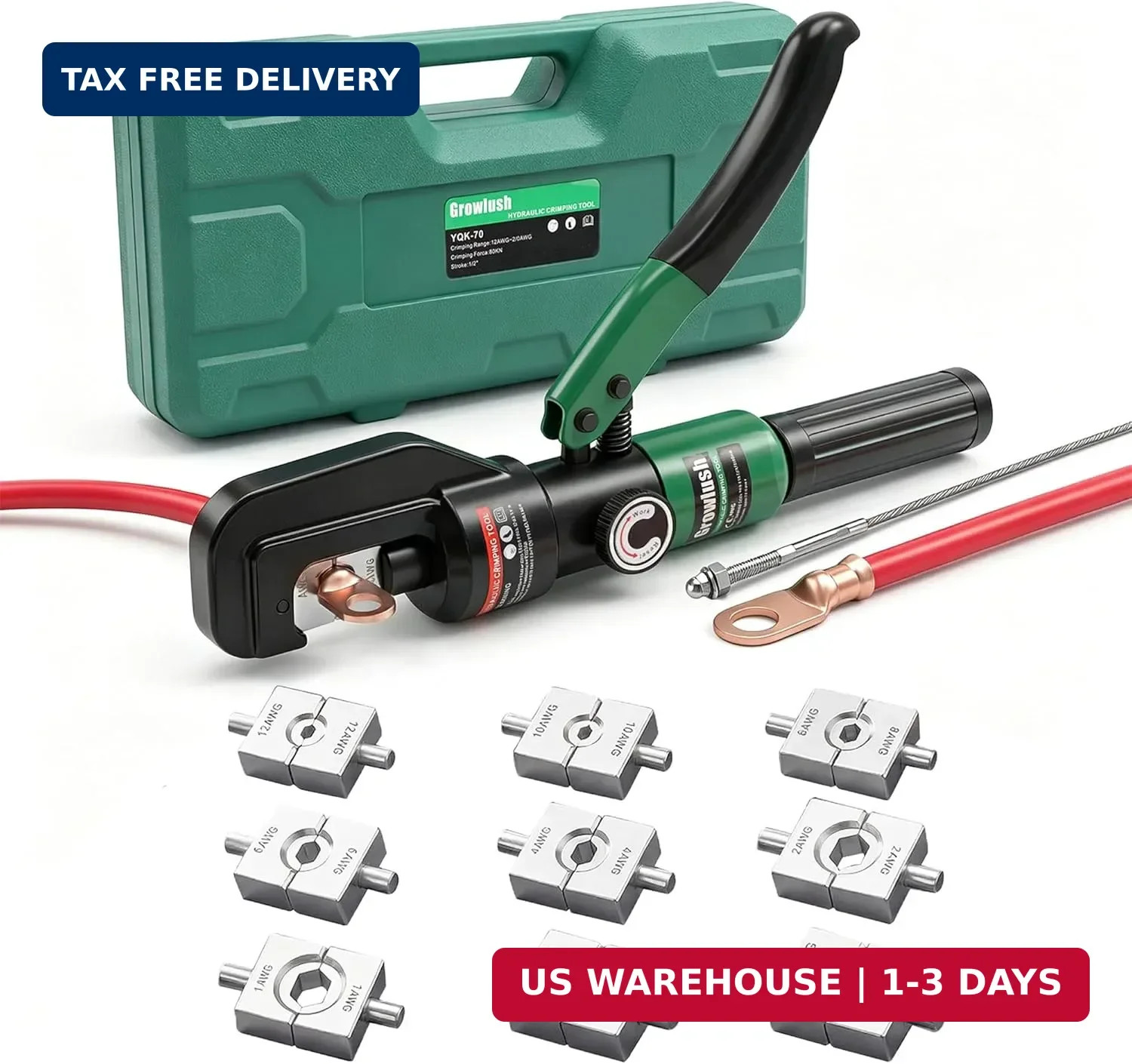Hydraulic Crimping Tool, 2/0 Battery Cable Crimper, 10T Hydraulic Crimper for US
