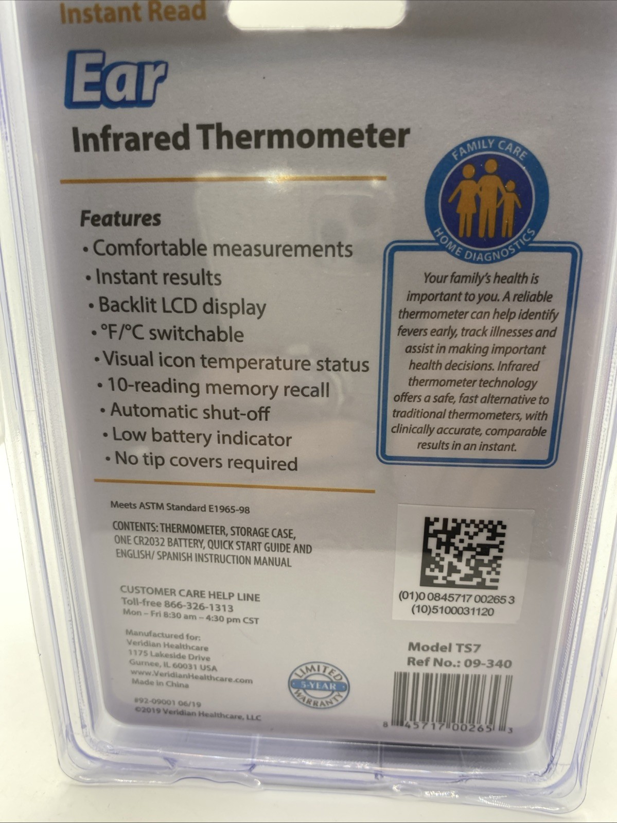Ear Thermometer Instant Read Infrared TS7 Veridian HealthCare NEW All Ages