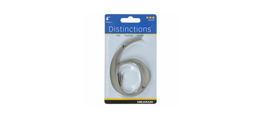 Number Distinctions 4" Silver Zinc Die-Cast Screw-On 6 Brushed Nickel