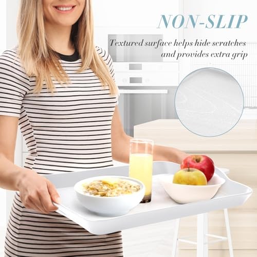 2PC White Serving Trays with Handles, 16 x 11.2 inch Rectangular Non Skid
