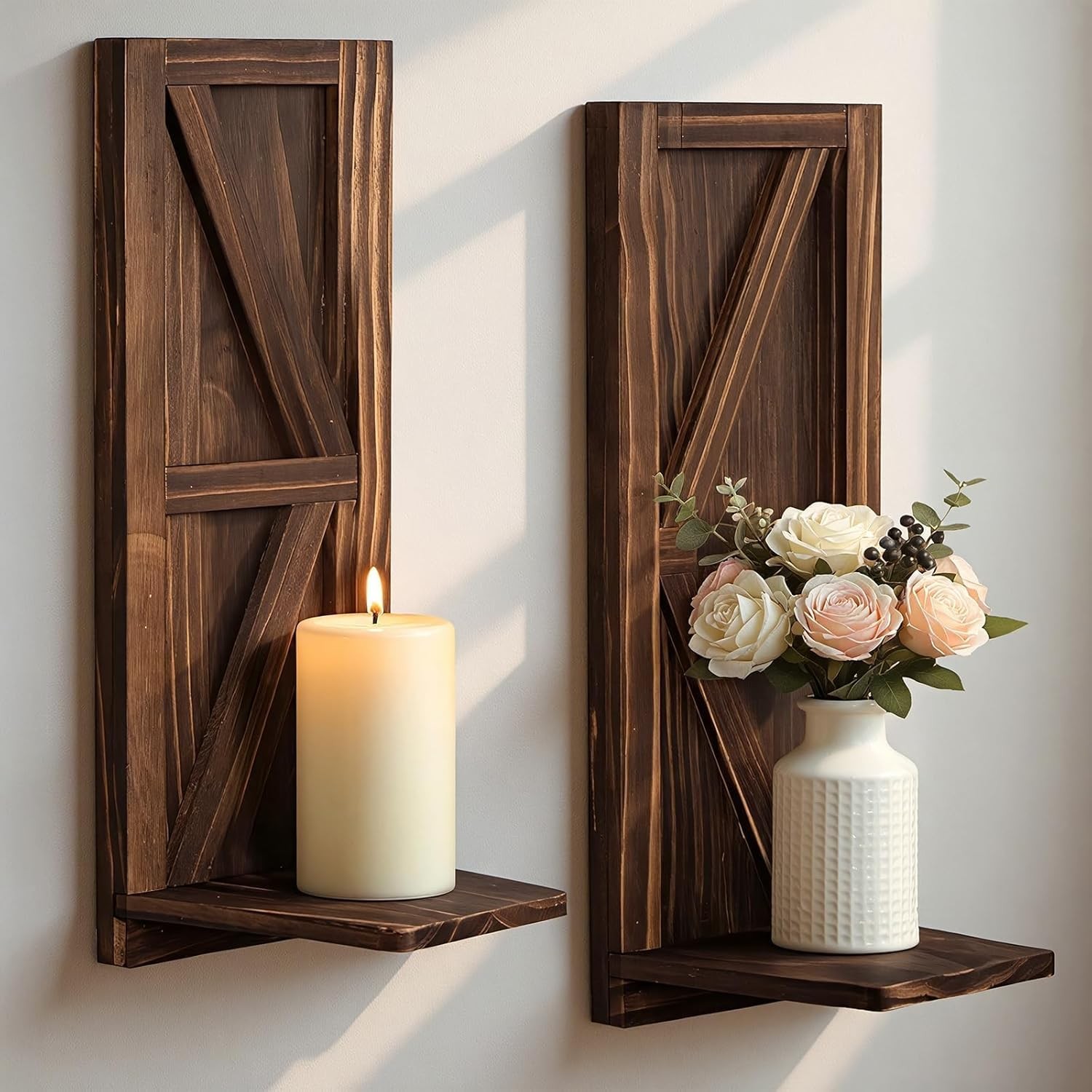 Farmhouse Wall Candle Holder Brown Wood Wall Sconces Set of 2 Wooden Art Decor