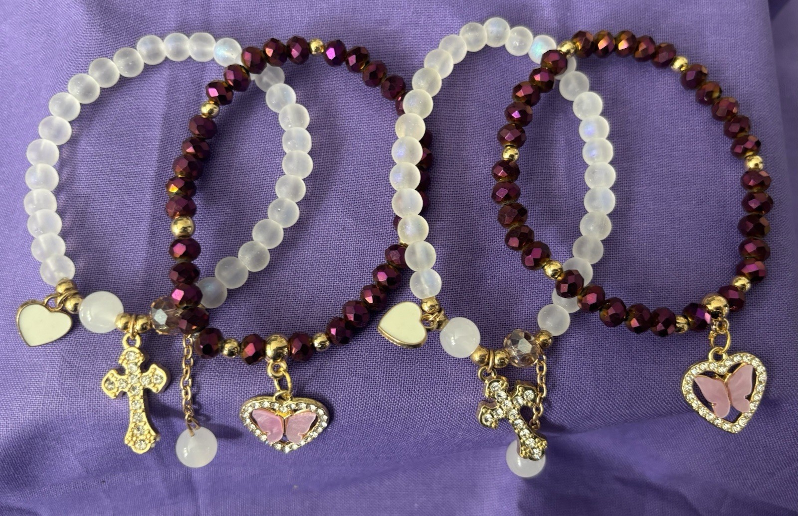 BRACELET GLASS BEAD WHITE W/ CROSS & WINE RED W/BUTTERFLY HEART CHARMS 6PC SET