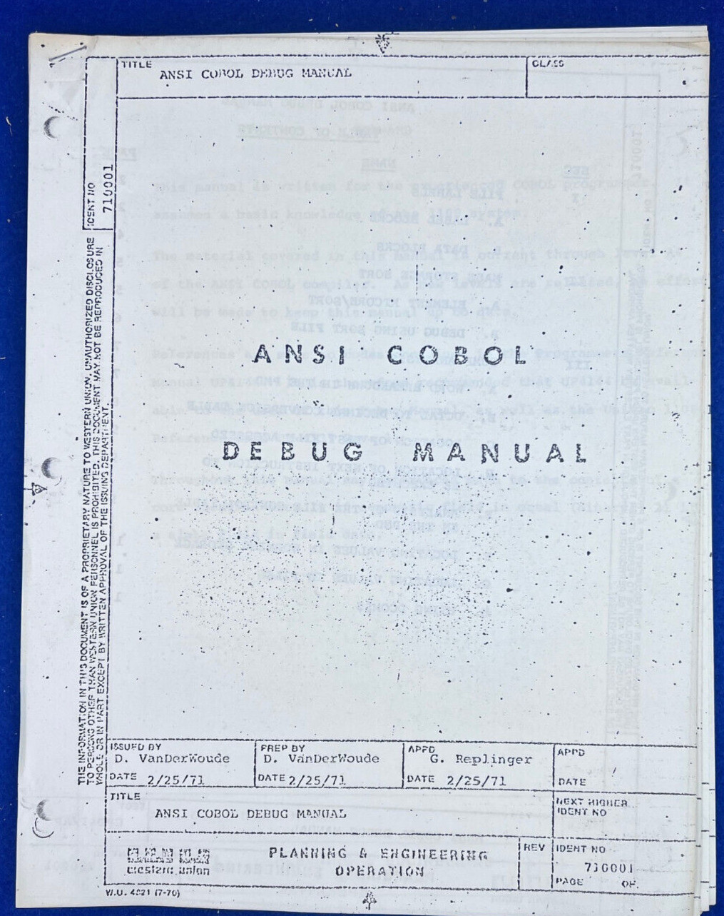 Vintage UNIVAC 1108 ANSI COBOL Debug Manual Western Union 1971 Computer Book