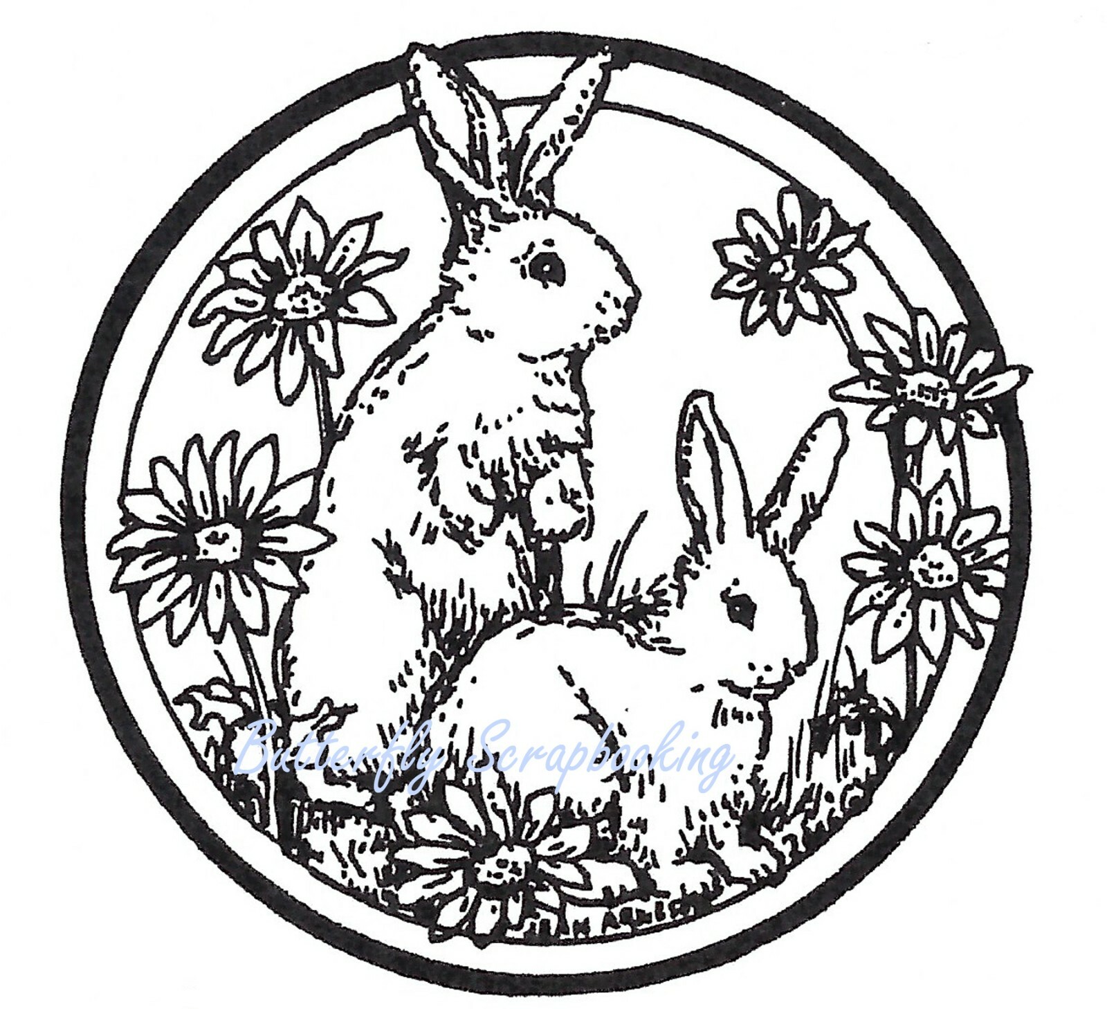 Bunny Rabbits With Flower Circle Wood Mounted Rubber Stamp NORTHWOODS CC4656 New