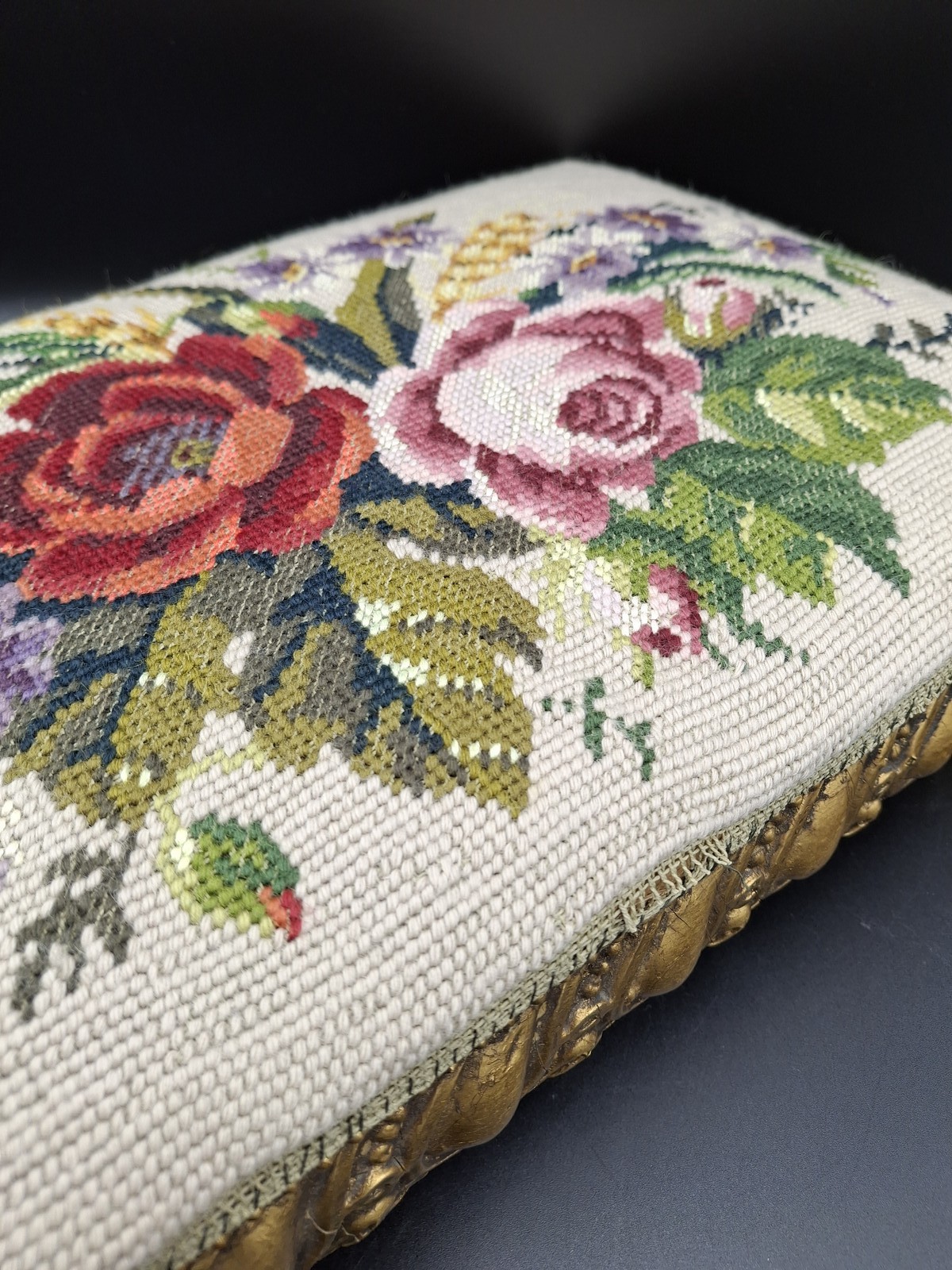 Petit point foot rest gilt foot stool vintage sweden