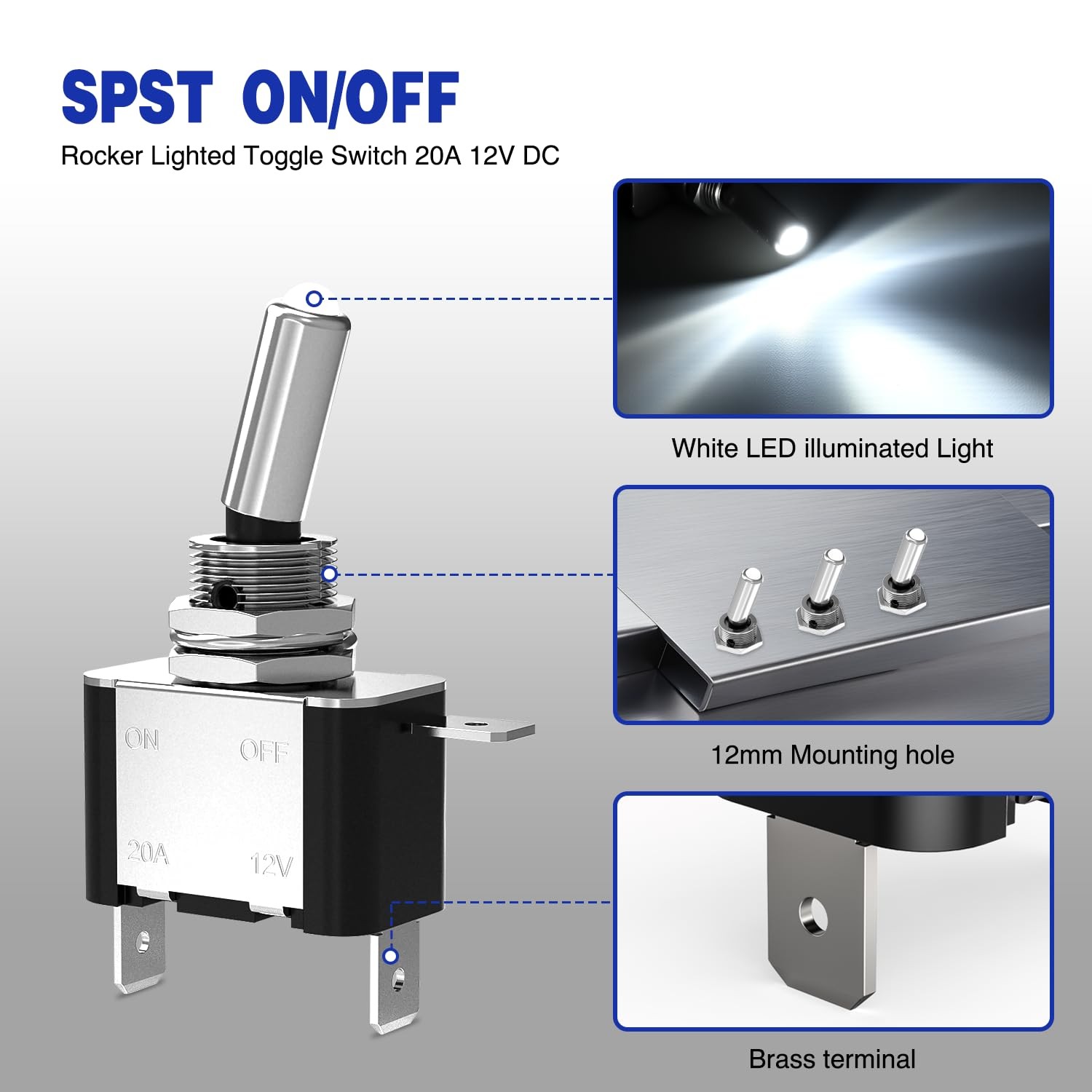 Nilight Toggle Switch on Off White LED 12V 20A 3Pin 2 Position SPST 3PC for Boat