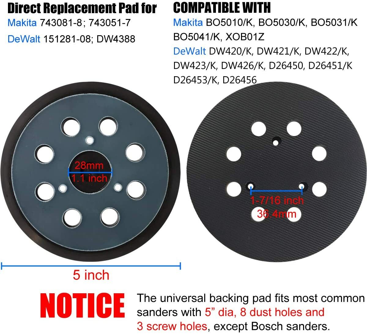 5 inch Orbital Sander Replacement Pad Hook Loop for Dewalt, Makita, Porter Cable