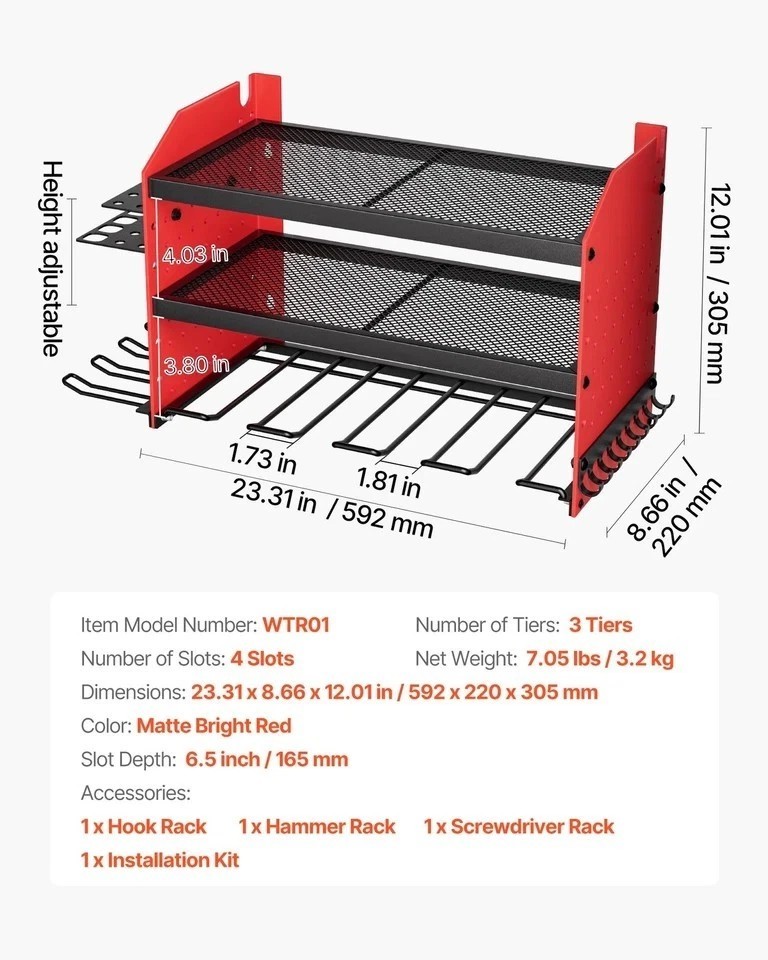 Power Tool Organizer Wall Mount 3-Layer Drill Storage Rack 4 Drill Holders