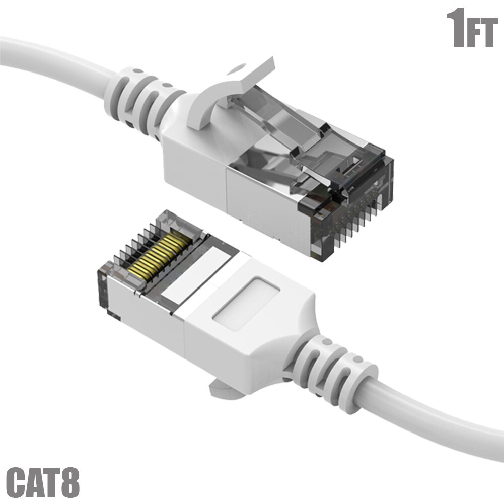 1FT Cat8 RJ45 Network LAN Ethernet U/FTP Shielded Patch Cable Slim 30AWG White
