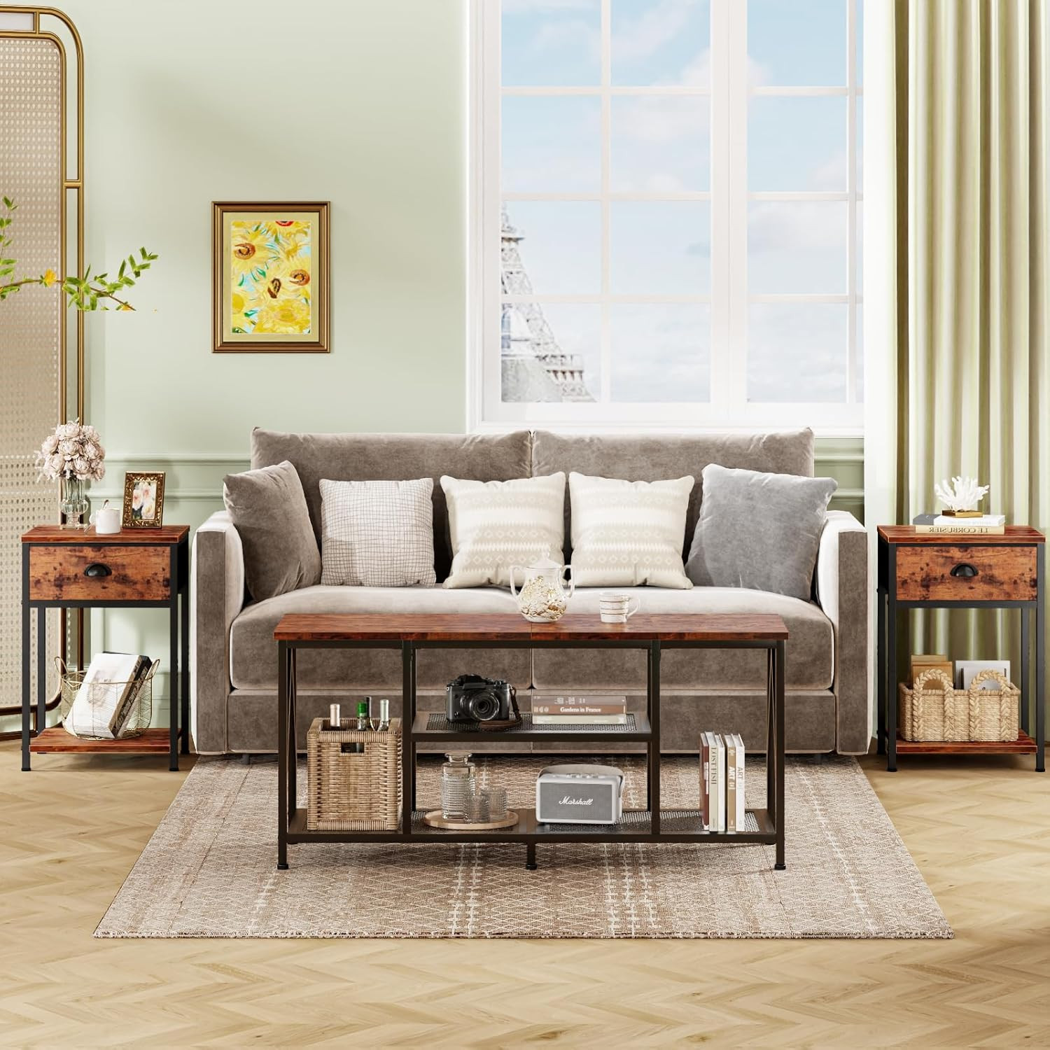 Furologee Nightstands Set of 2, Industrial End Table with Rustic Brown