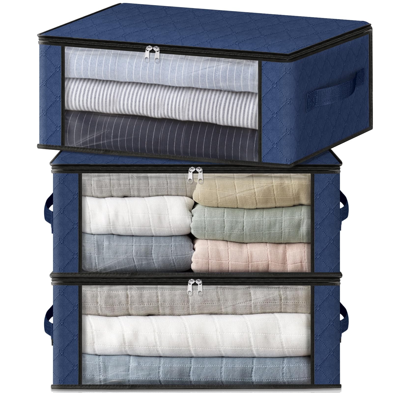3 PCS Blue 35L Clothes Organizer Storage Bags Foldable Box Clear Window
