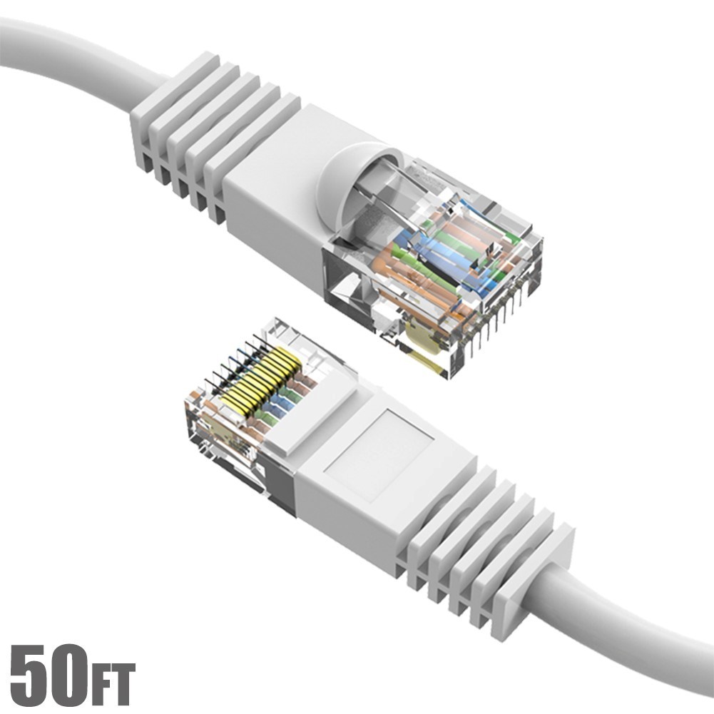 50FT Cat5E RJ45 Network LAN Ethernet UTP Patch Cable Cord Gold Copper Wire White