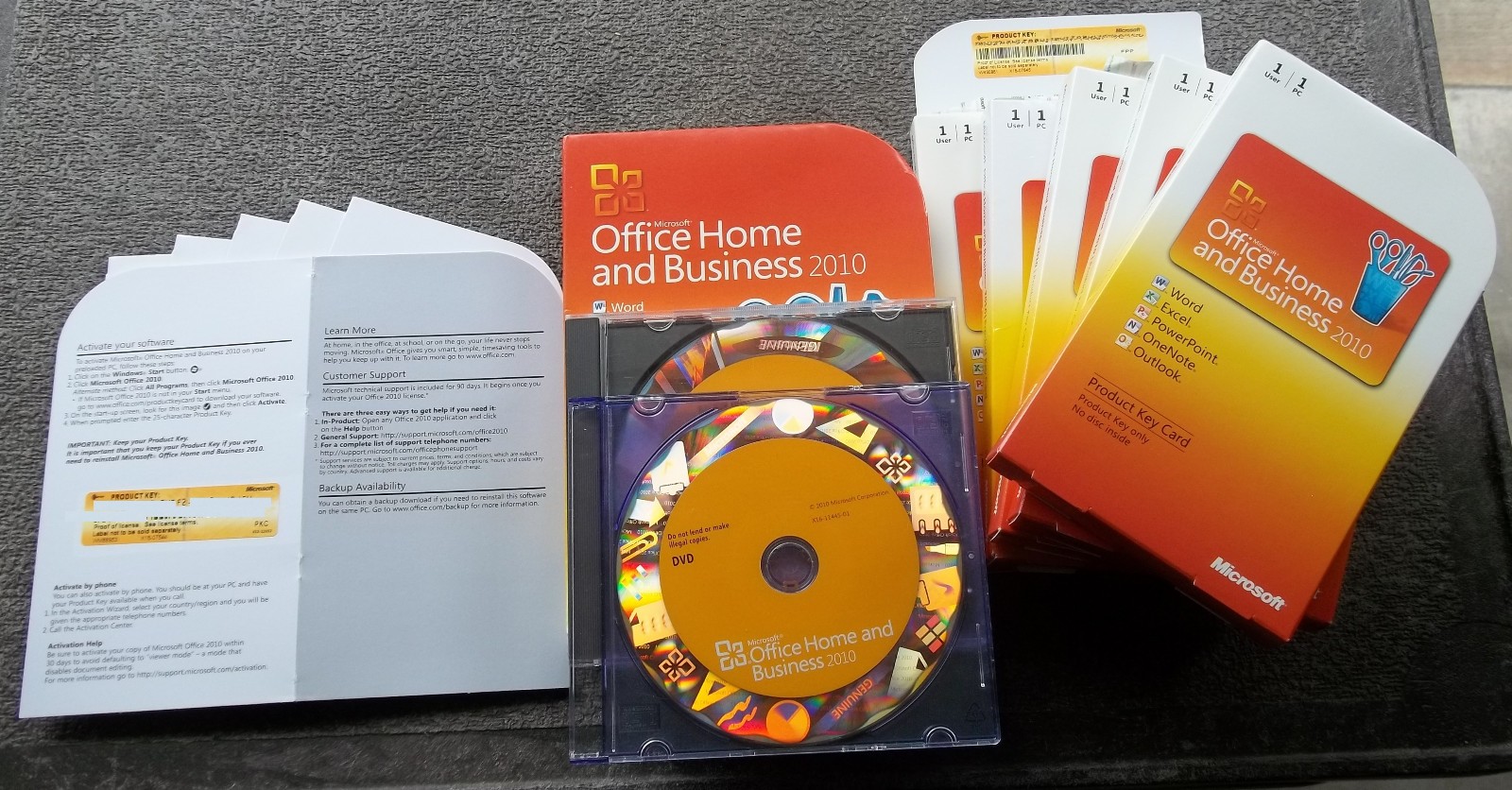 lot of 10 Microsoft Office 2010 Home and Business, 1 DVD and 10 key cards