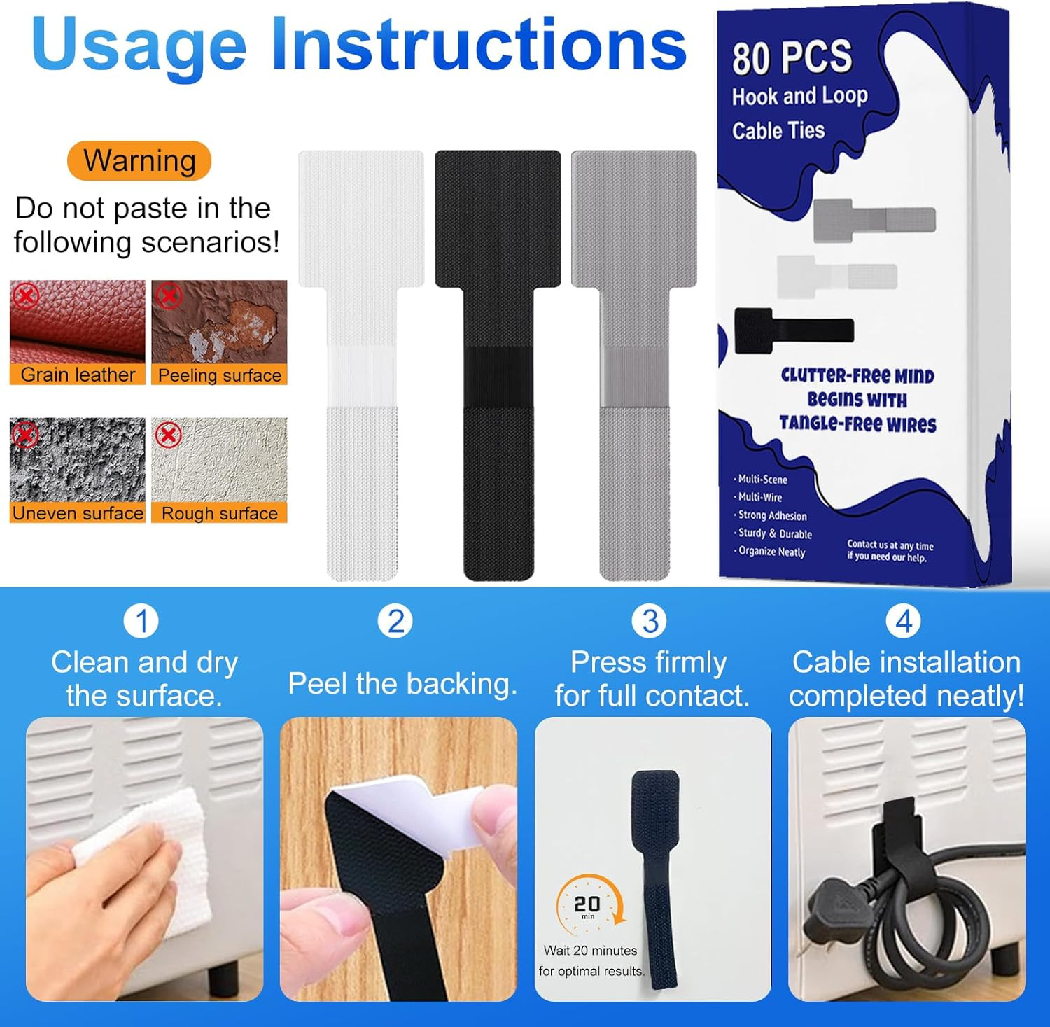 80 PCS Hook and Loop Cable Ties, Self Adhesive Cable Management Straps, Reusable
