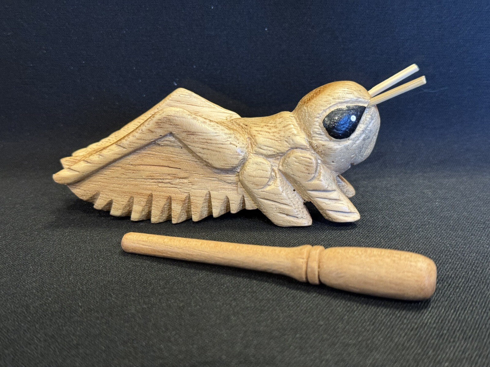 Wooden Cricket Noisemaker Noise Maker Hand Carved with Stick Musical Instrument