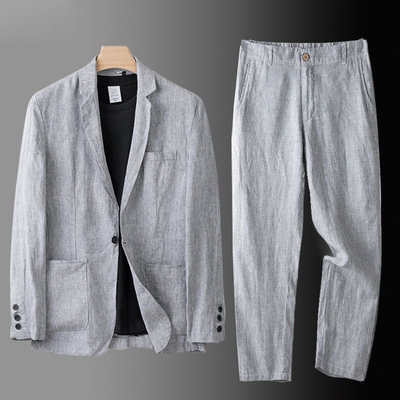 Men's Linen Suit Summer Causal New Blazer+Pant set Coat Beach Jacket Lapel 2PCS