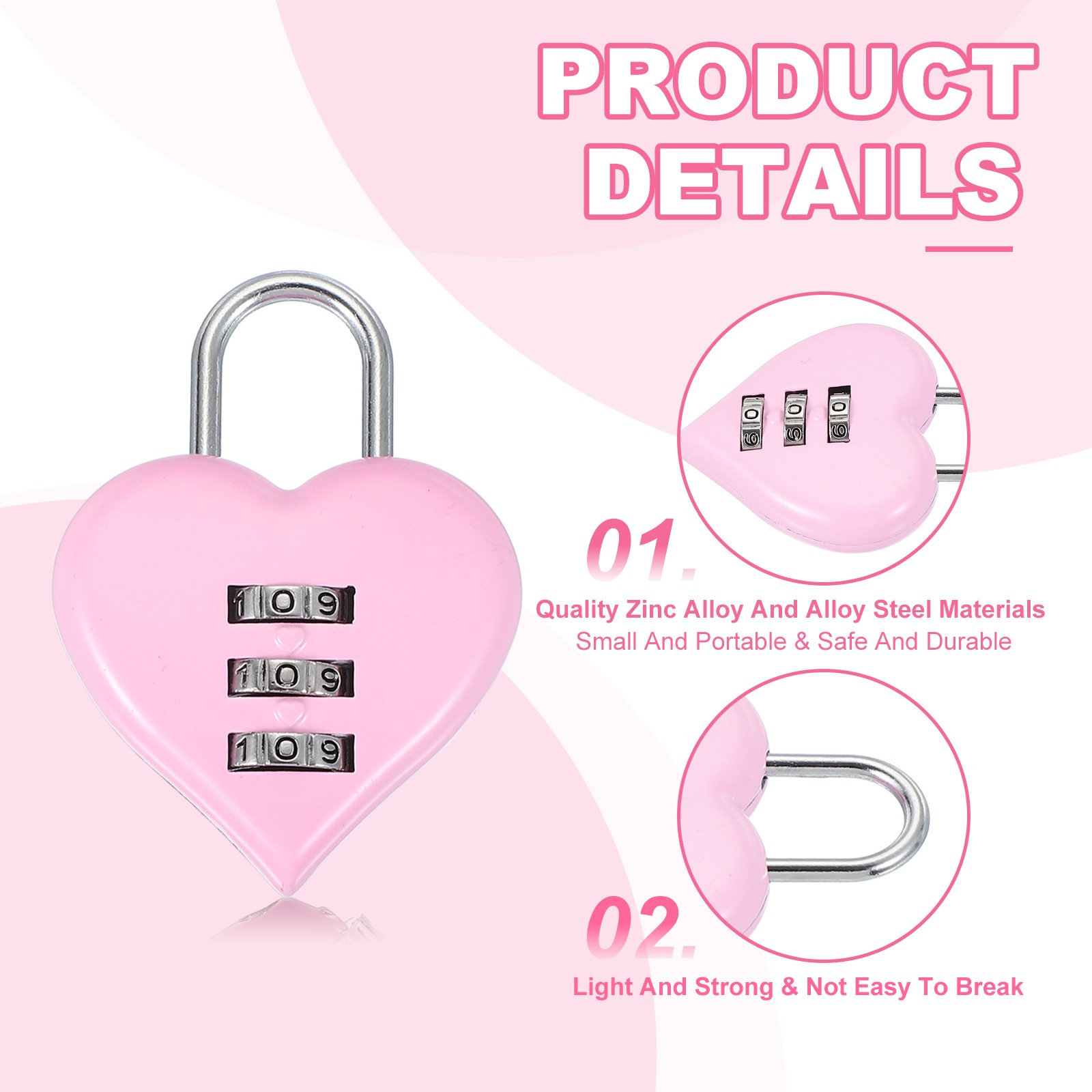 2 Pack Combination Locks Heart Shape Password Padlock Love Locker Lock Pink