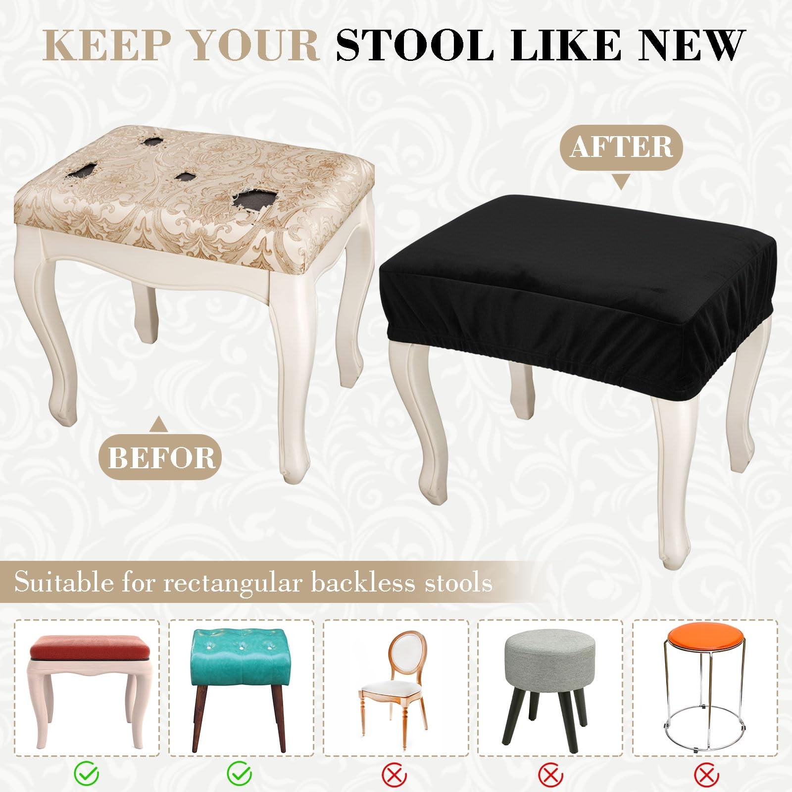 6 Pcs Soft Velvet Bar Stool Covers with Crisscross Straps (15"- 20") L x (11....