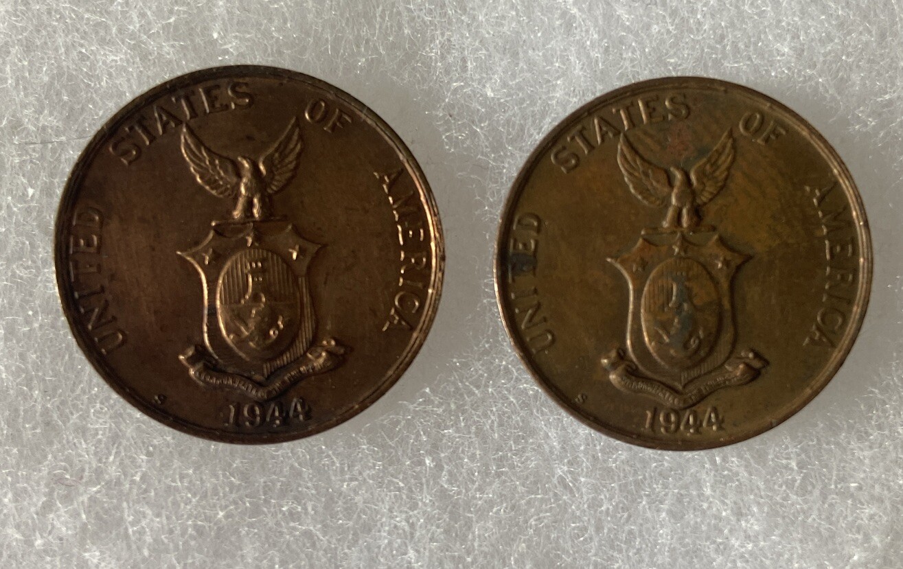 2 United States, Philippines, Centavo Coins, 1944