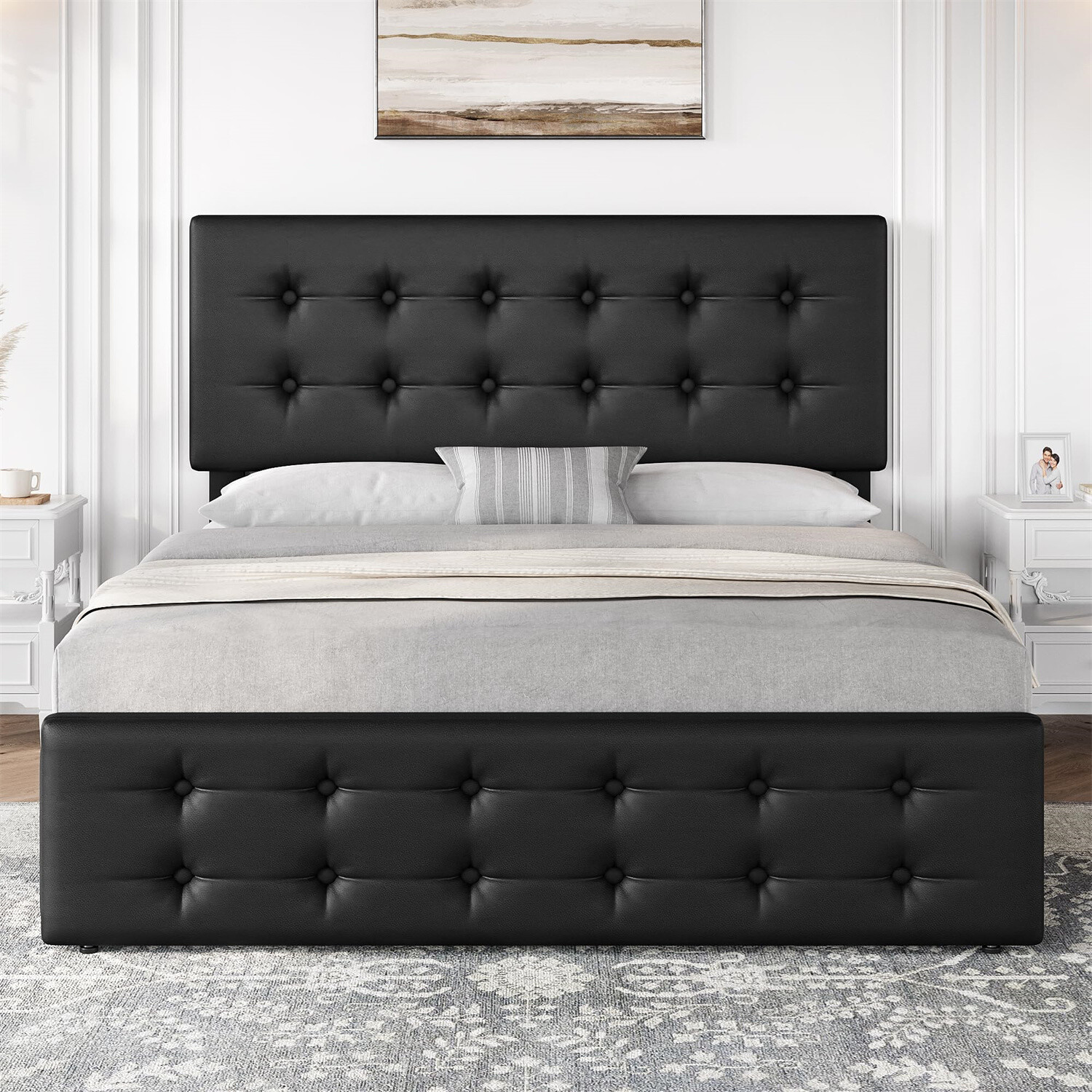 ⭐Full Size Bed Frame with 4 Storage Drawers and Headboard Upholstered Platform U