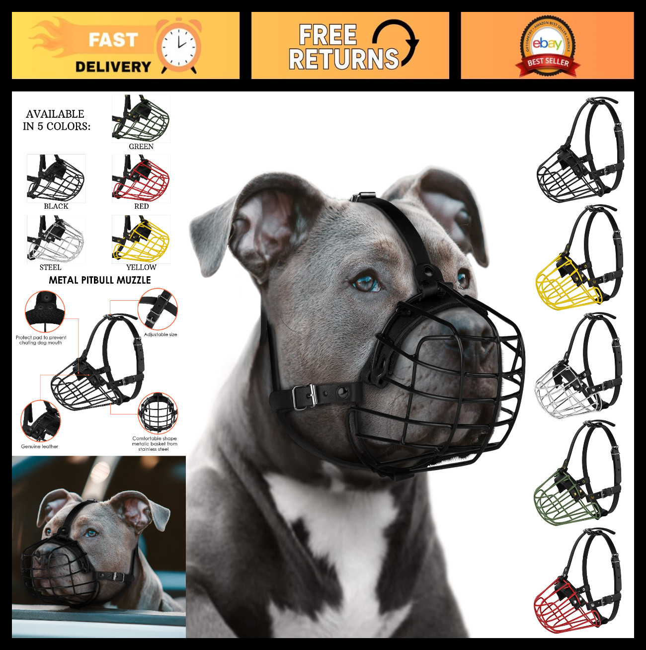 Adjustable Metal Dog Muzzle for Large Breeds - Secure Wire Basket, Durable Leath