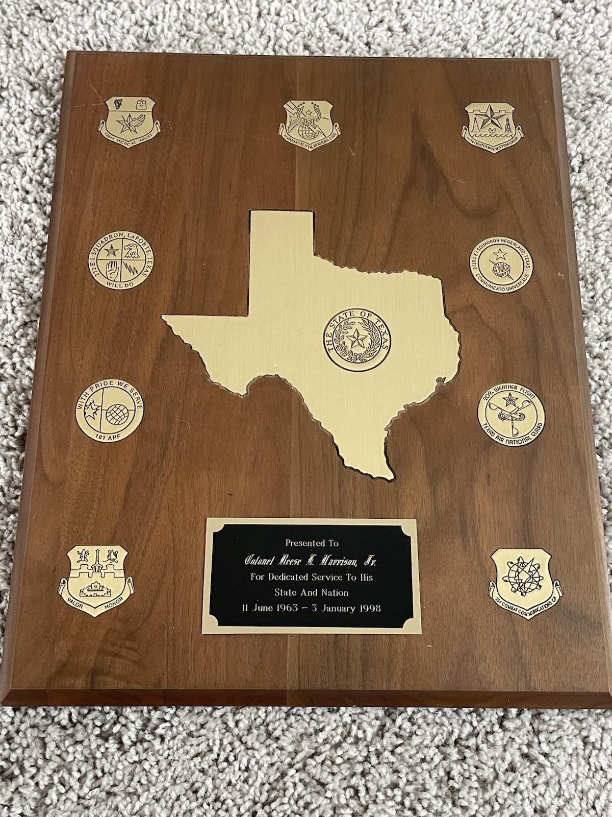 The State Of Texas Military Plaque Presented To Colonel 147th FIS 209th Weather