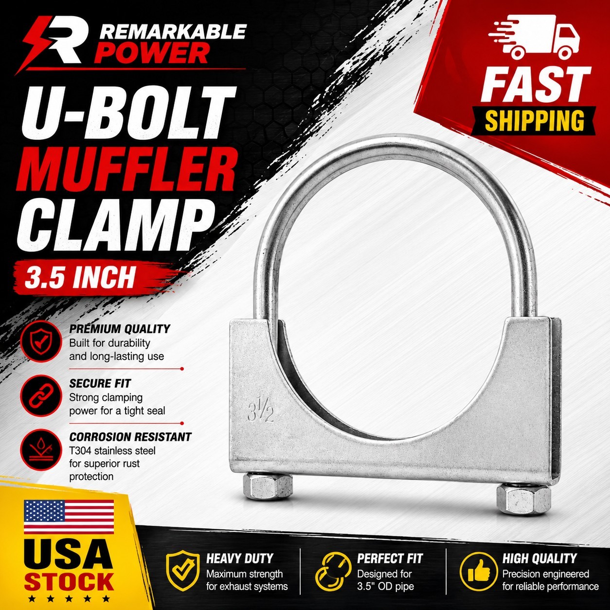 Fits 3.5" Stainless Steel U-bolt Muffler Saddle Exhaust Muffler Clamp Band New