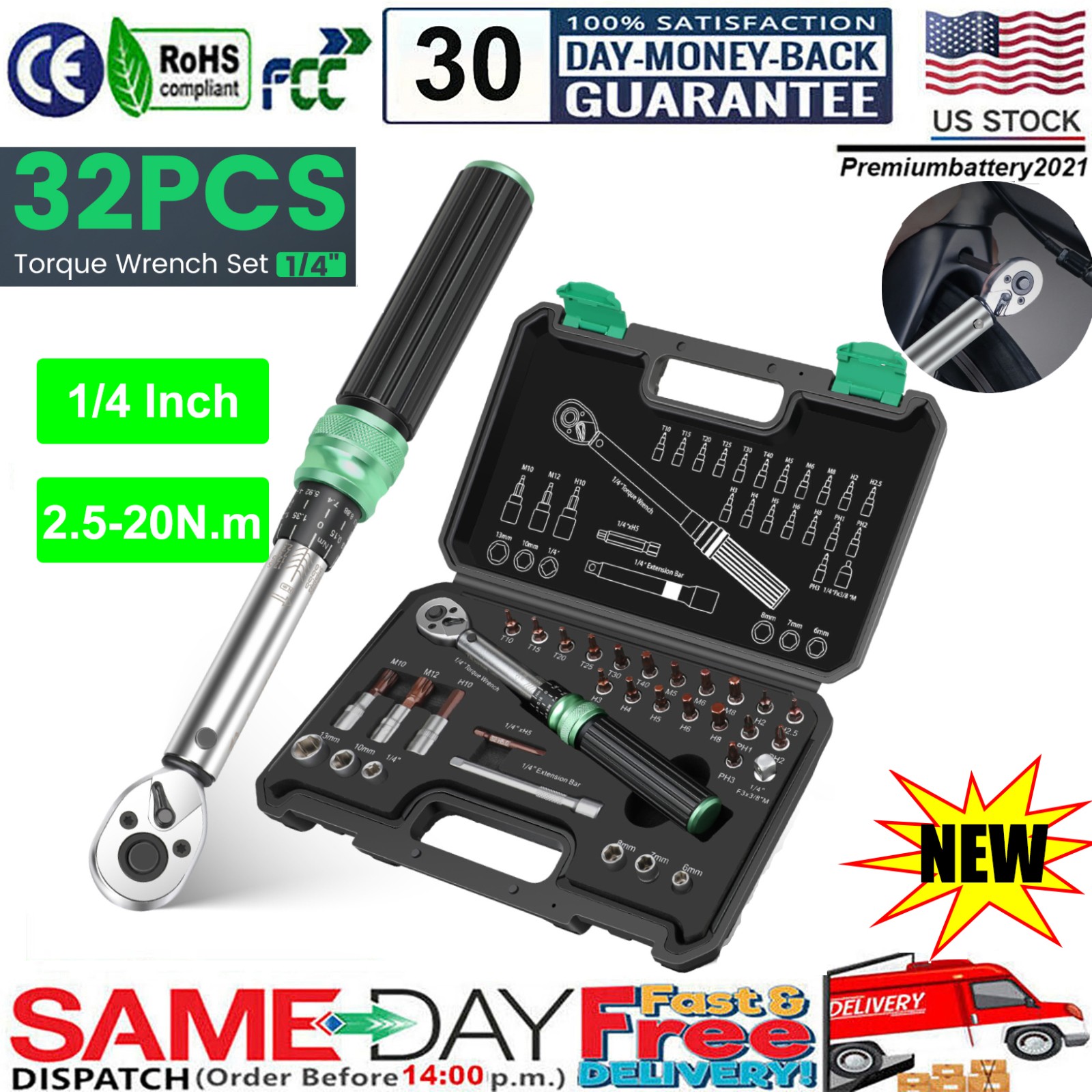 ✅32Pcs 1/4'' Drive Adjustable Click Torque Wrench 2.5-25NM w/ Extension Bar NEW