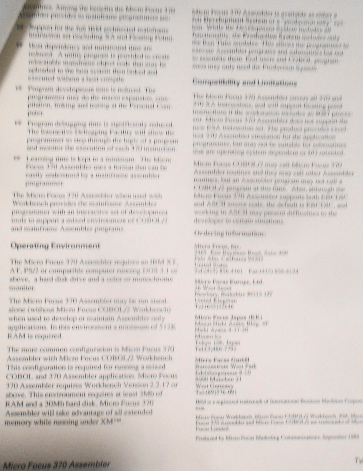 Micro Focus COBOL - 4 Brochures, 1989: Dialog System, 370 Assembler, Data Tools
