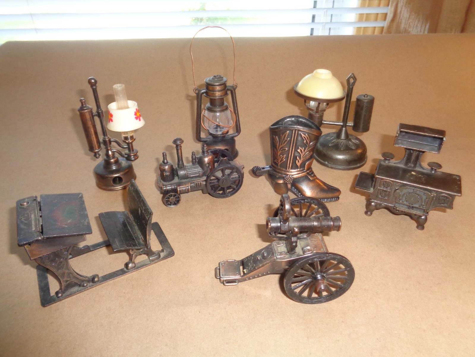Vtg Die Cast Miniature Pencil Sharpeners-Tractor, Cowboy Boot, Desk, Lanterns