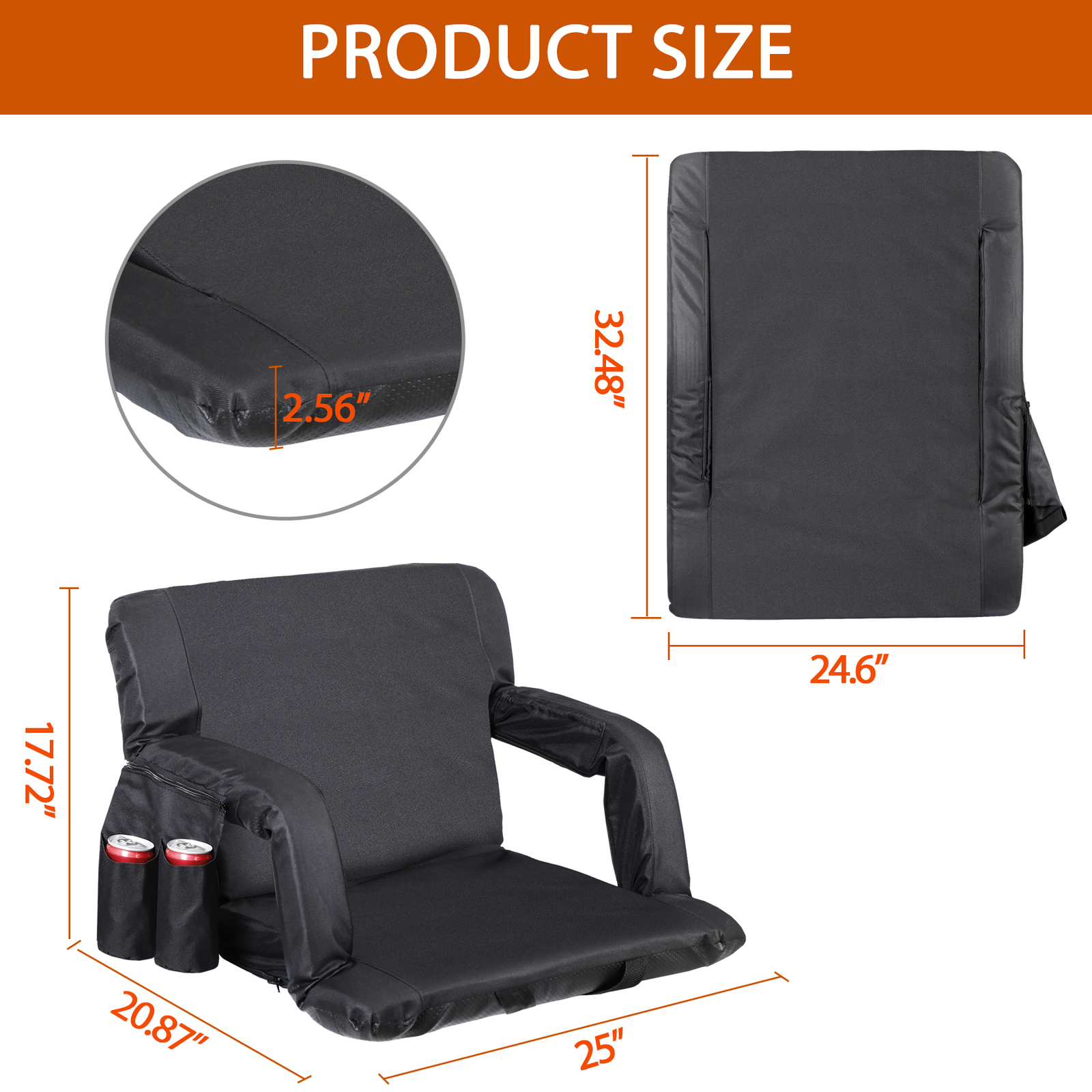 2PCS Reclining Stadium Seat for Bleachers w/ Padded Backrest Adjustable Armrests