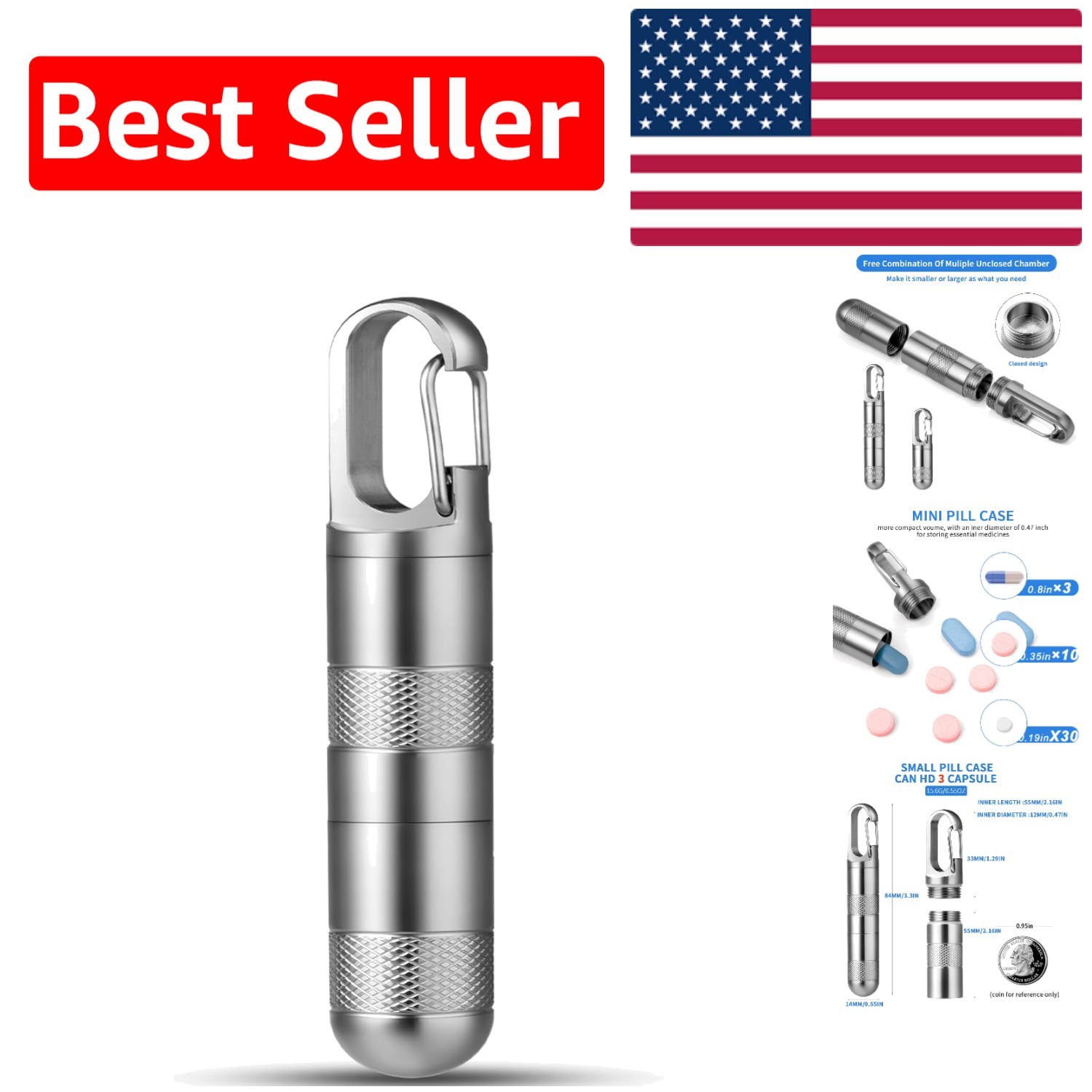 Upgraded 2.16 Inch Titanium Pill Organizer - Ideal for Medication on the Go