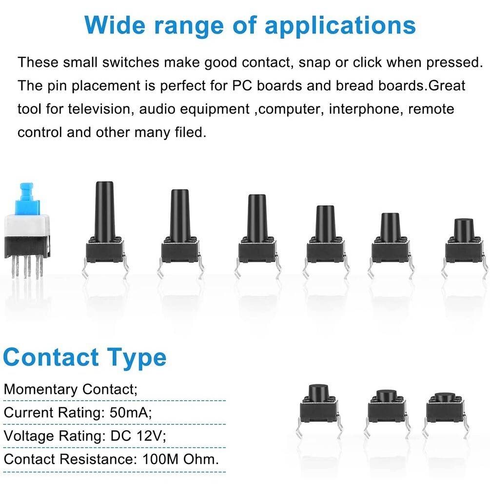 180Pcs 10 Value 4.3-14mm Small Miniature Momentary Tactile Push Button Switch
