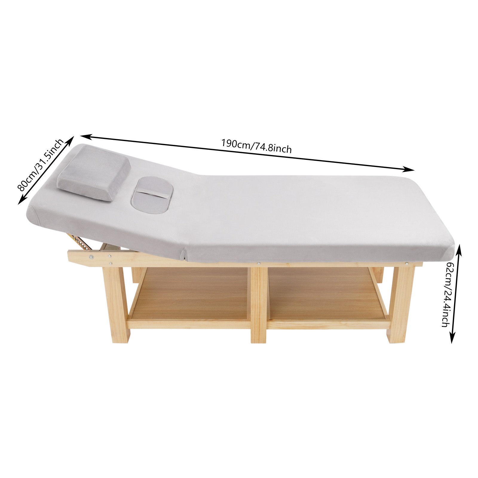 6 Legs Wide Solid Wood Spa Massage Bed, Adj Backrest Physical Treatment Bed