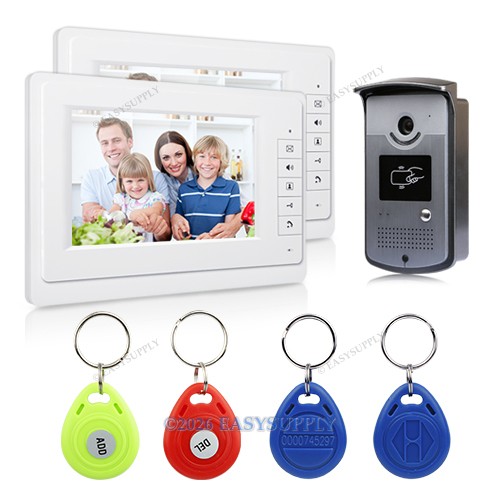4-Wire Video Door Phone Kit Outdoor 1X Camera With RFID 2X 7" LCD Color Monitor