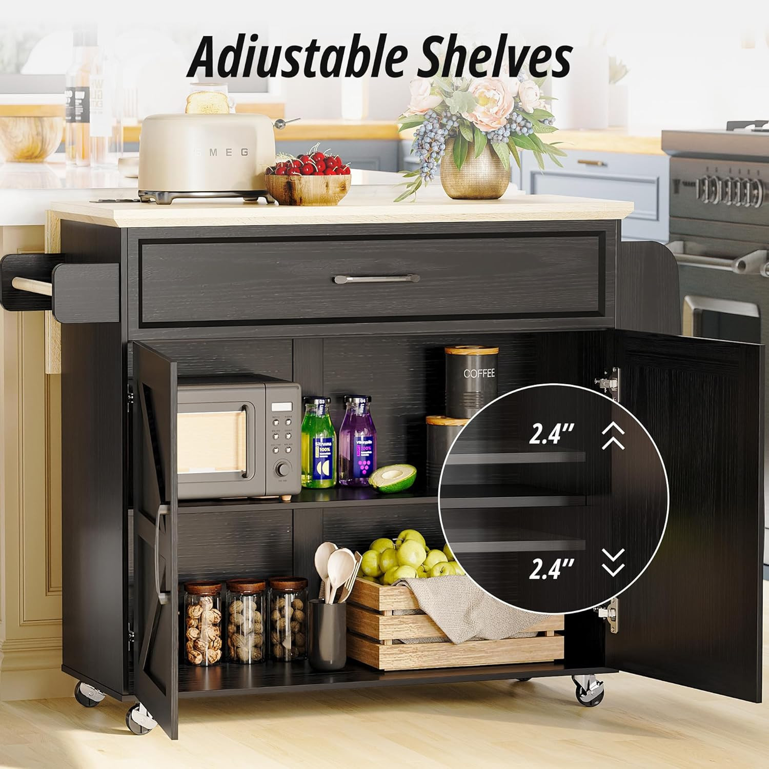 Rolling Kitchen Island Cart with Storage & Power Outlet - Black