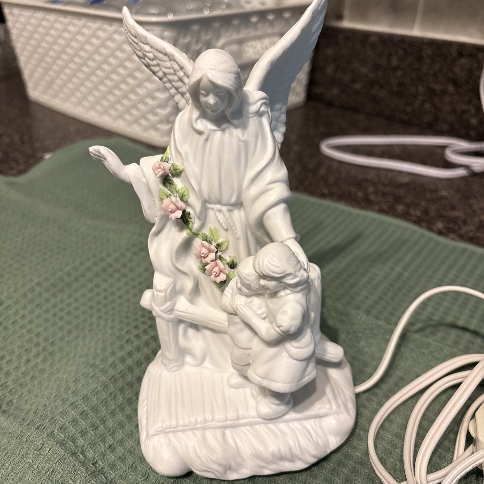 Roman Touch of Rose Angel Night Light Porcelain Matte White Pink Green Corded