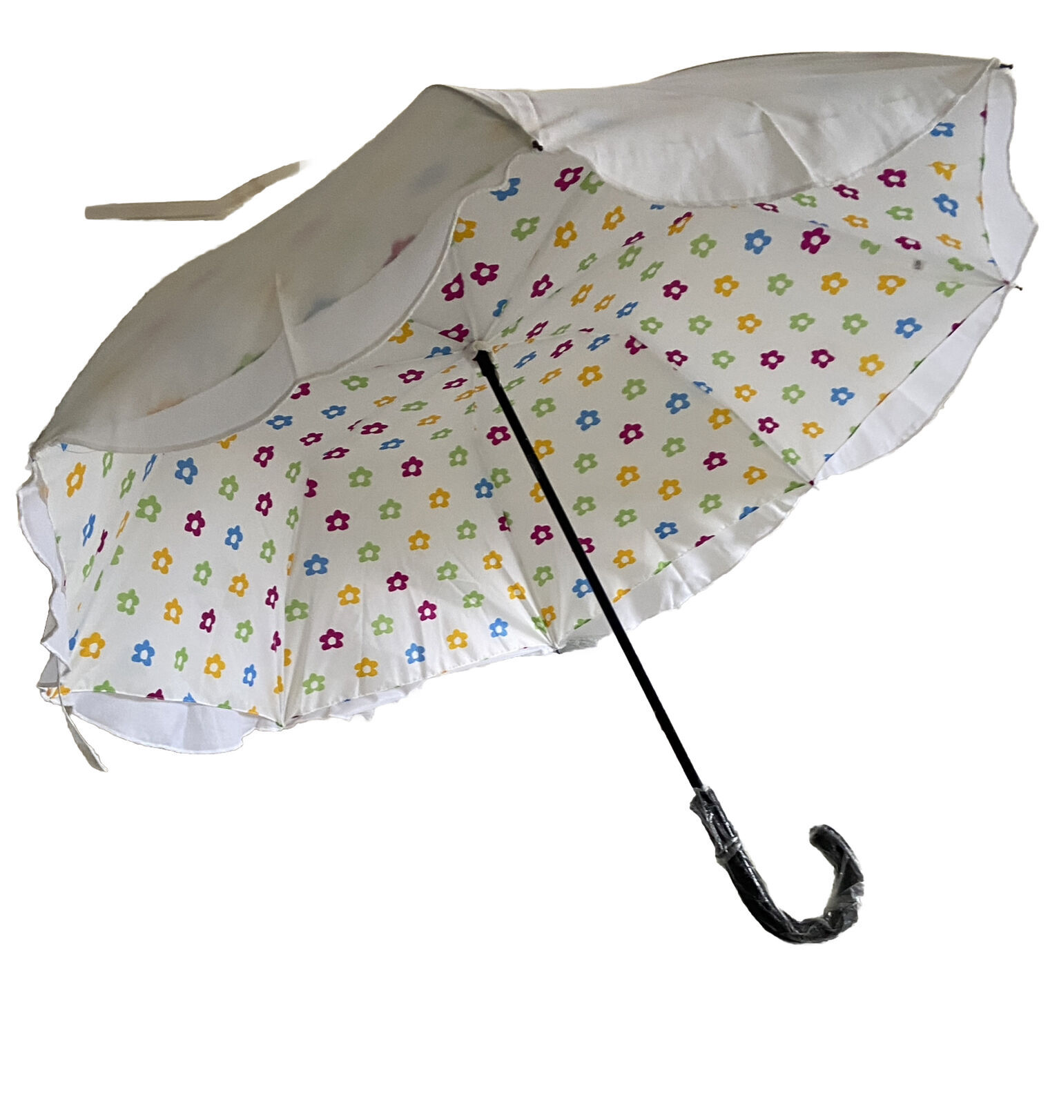 Parasol Umbrella Rain Sun protection White With J Handle and Flower Lined