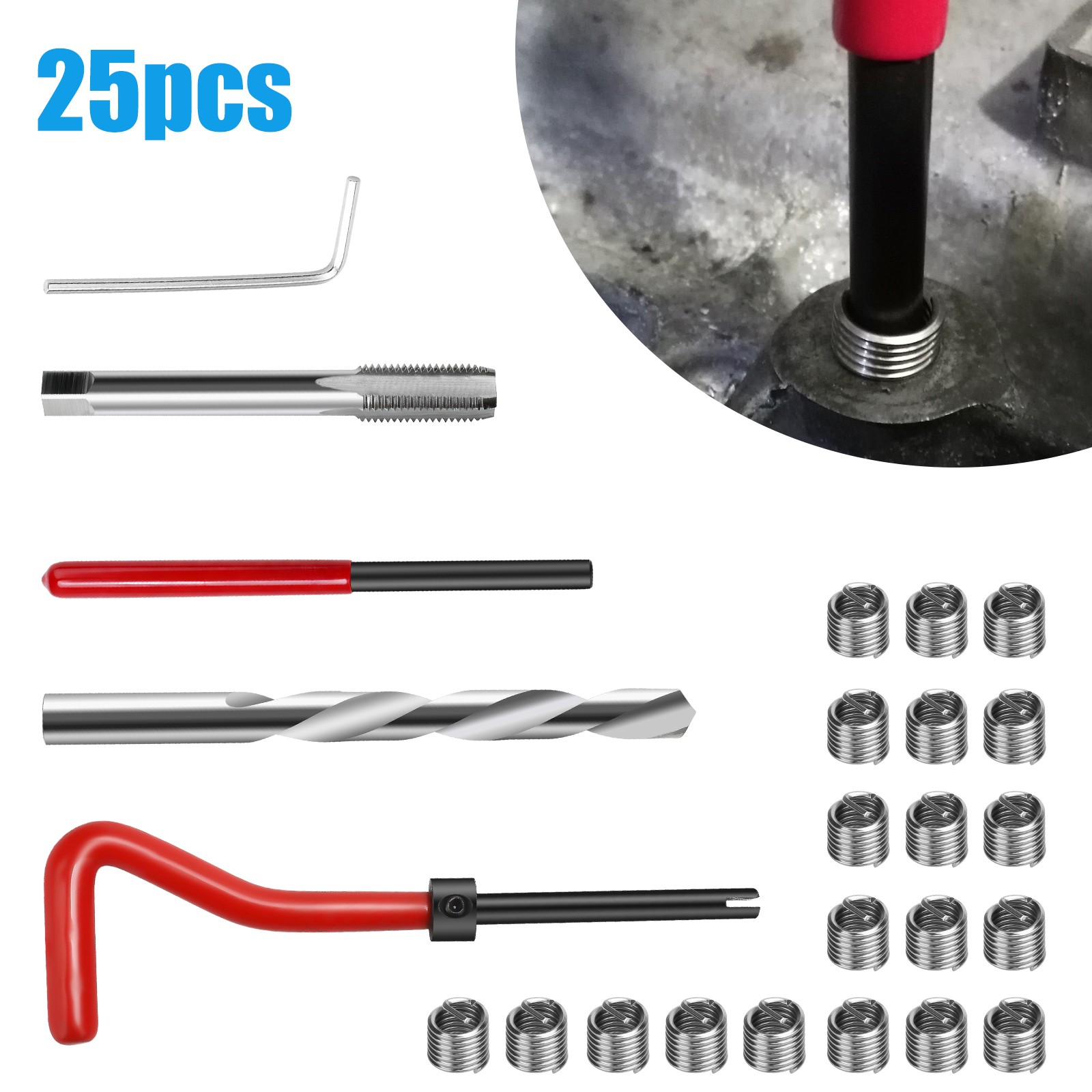 25 PCS M8 x 1.25 Thread Repair Kit Stainless Steel Wire Insert Set with HSS Tap